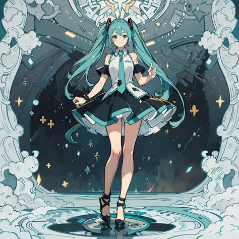 Hatsune Miku wears high heels，Stand gracefully in blurry light，Use the right lens effects and lighting treatments for your features，Create high quality、Picture with outstanding detail。