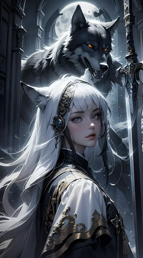 （hoang lap，A high resolution，hyper detailled），Black Soul theme，Off-white，big sword，Fur trimmed cape，wolf women，A wolf is around，Background of details，Bone fire，Northern Valley，Irithyll，Cold moon，Rule of thirds - no watermark，boundage，Diablo 4 style，intrica...