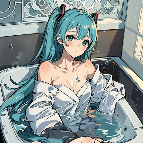 "Hatsune Miku wears a white bathrobe，Delicate and soft skin appears more delicate。She sat in the bathtub，Tiny bubbles and light steam float on the surface of the water，In the afterglow，The whole picture is softer and warmer。"