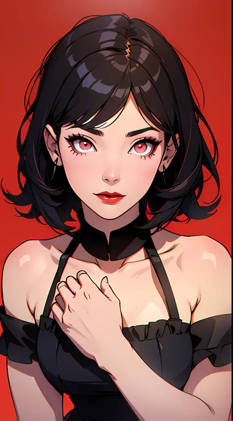 high detailing、Edge Detection、sharpness、High contrast、Highlight、photoRealstic、cinematiclight、８K、Bright red background、Red gradient background、gradients、Girl with dark skin、Fat girl、beautiful  Girl、Plump body、Black Dress、Bright red lipstick、Bright red eyesh...
