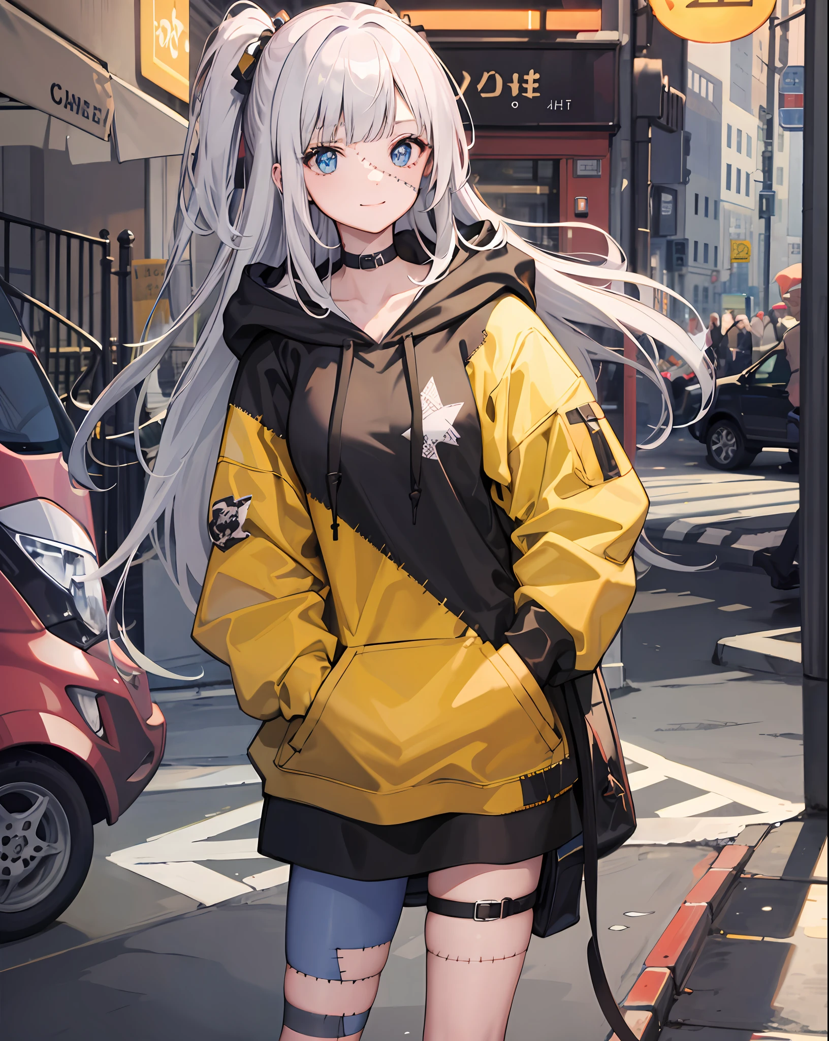 1girl, large breasts,stitched face, patchwork skin, closed mouth, long_hair, light smile,city,street, white hair, ,stitched_face,patchwork_skin,cowboy shot,( hoodie),(hand in pocket),