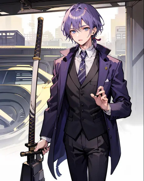 1 boy, purple ponytailed hair, piercing blue eyes, and a well-tailored suit. To my surprise, he also carried a red katana.