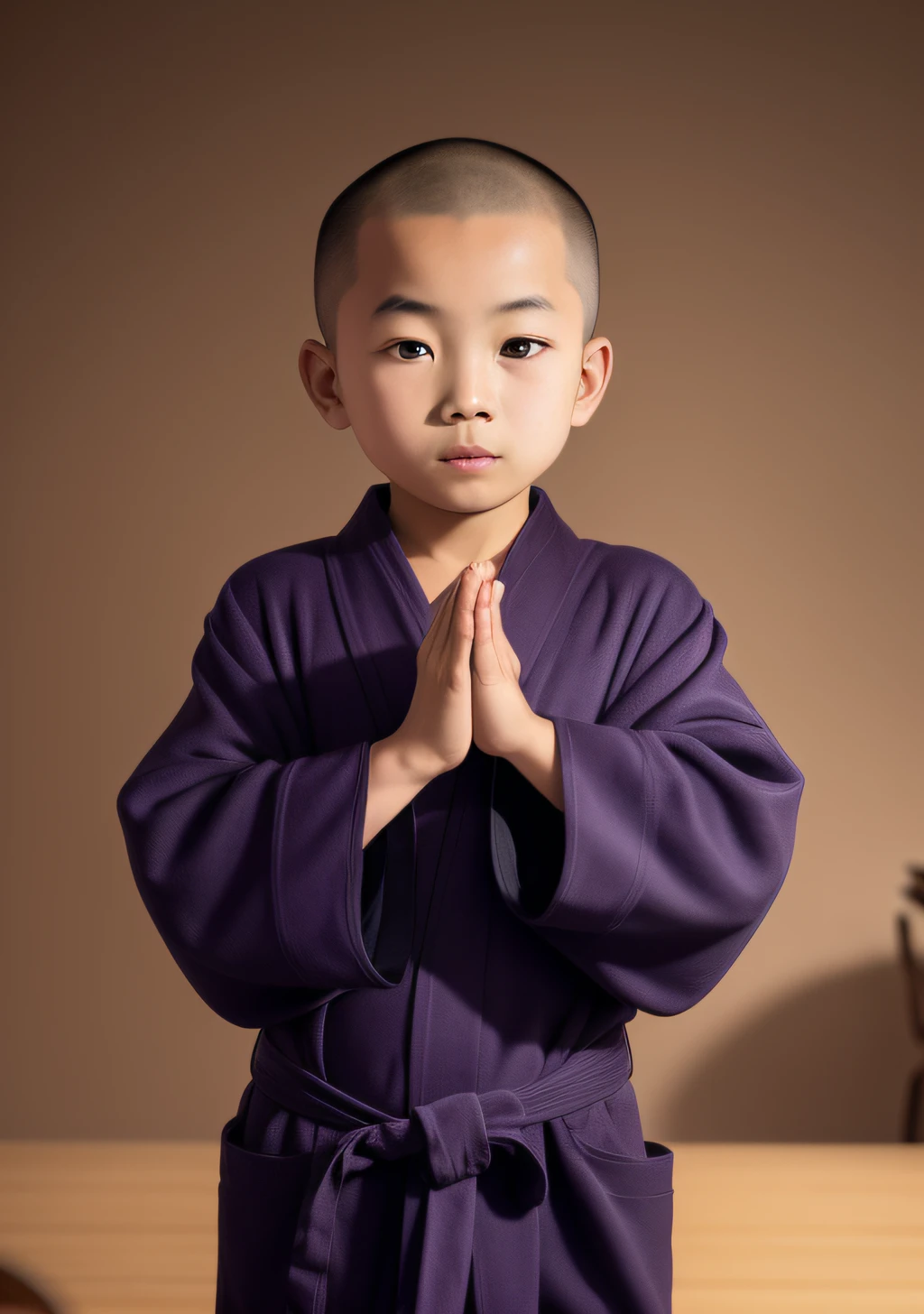 arafed asian boy in purple robe standing in front of a table, in dark purple robes, wearing black and purple robes, dressed in simple robes, buddhist monk, portrait of monk, wearing brown robes, monk clothes, In the blue robe, buddhist, dressed in simple robes, Wearing a blue robe, taoist robe, inspired by Ma Quan, ancient japanese monk