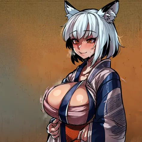 breast expansion, kitsune, kimono, 1girl, thick thighs, wide hips, sweat, steaming body