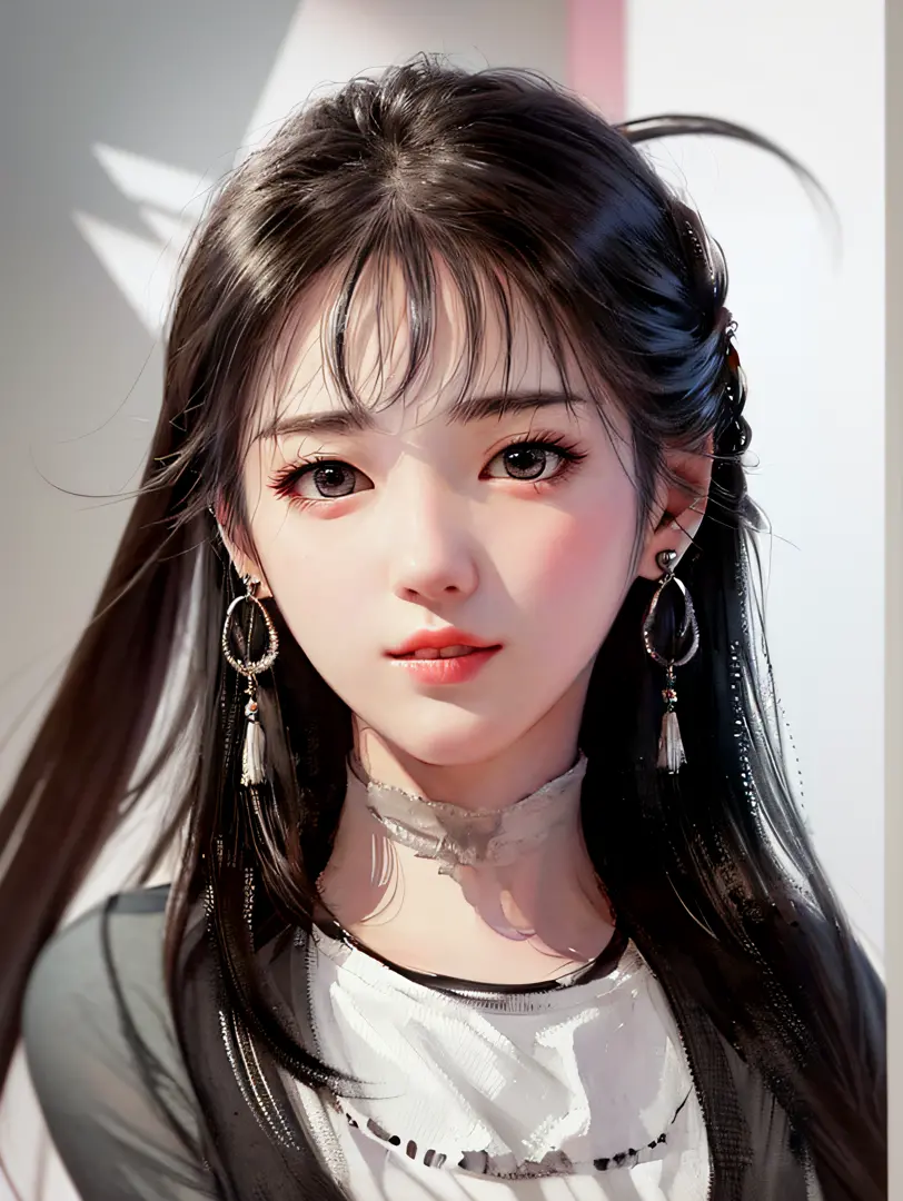 there is a woman with long hair and earrings posing for a picture, artwork in the style of guweiz, guweiz, detailed portrait of anime girl, beautiful anime portrait, kawaii realistic portrait, stunning anime face portrait, realistic cute girl painting, rea...