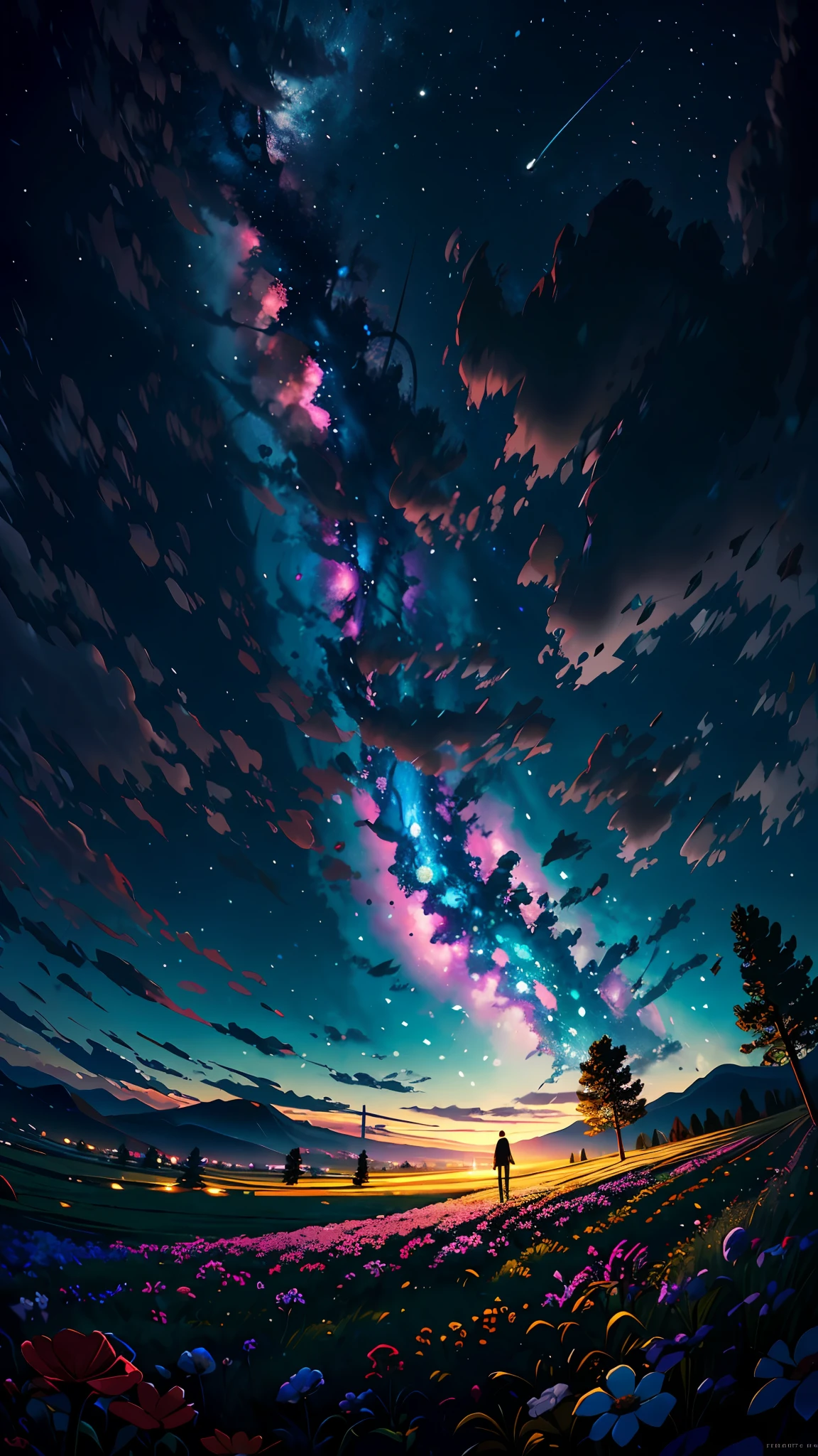 Expansive landscape photograph，（look from down，Above is the sky，Below are open fields），A girl standing on a flower field looking up，（moon full：1.2），（Meteor：1.2），（Starcloud：1.3），far away mountain, Tree BREAK making art，（Warm light source：1.2），（glowworm：1.2），lamp lights，Lots of purple and orange，Complicated details，Volumetric lighting BREAK（masterpaintings：1.2），（Best Quority），4K，hyper detailled，（dynamic compositions：1.4），with rich details，rich colour，（Iridescence color：0.9），（glowing with，Atmospheric lighting），dreamlike，magical，（solo：1.2）