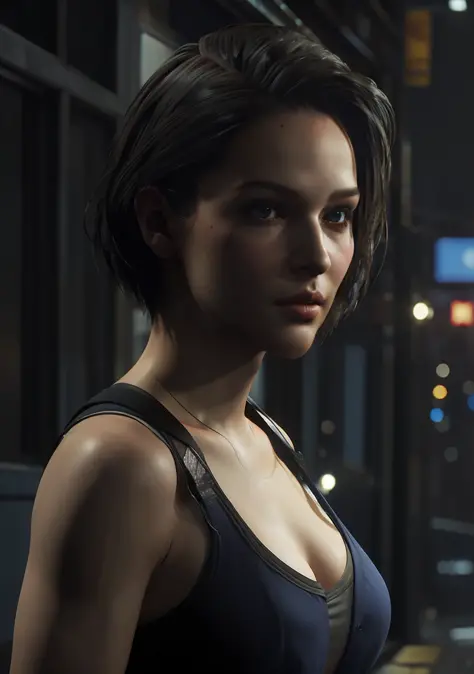 jill valentine, beautiful woman, sexy woman, perfect breast, ((half body)), (looking at viewer:1.1), night street, by Conor Harr...