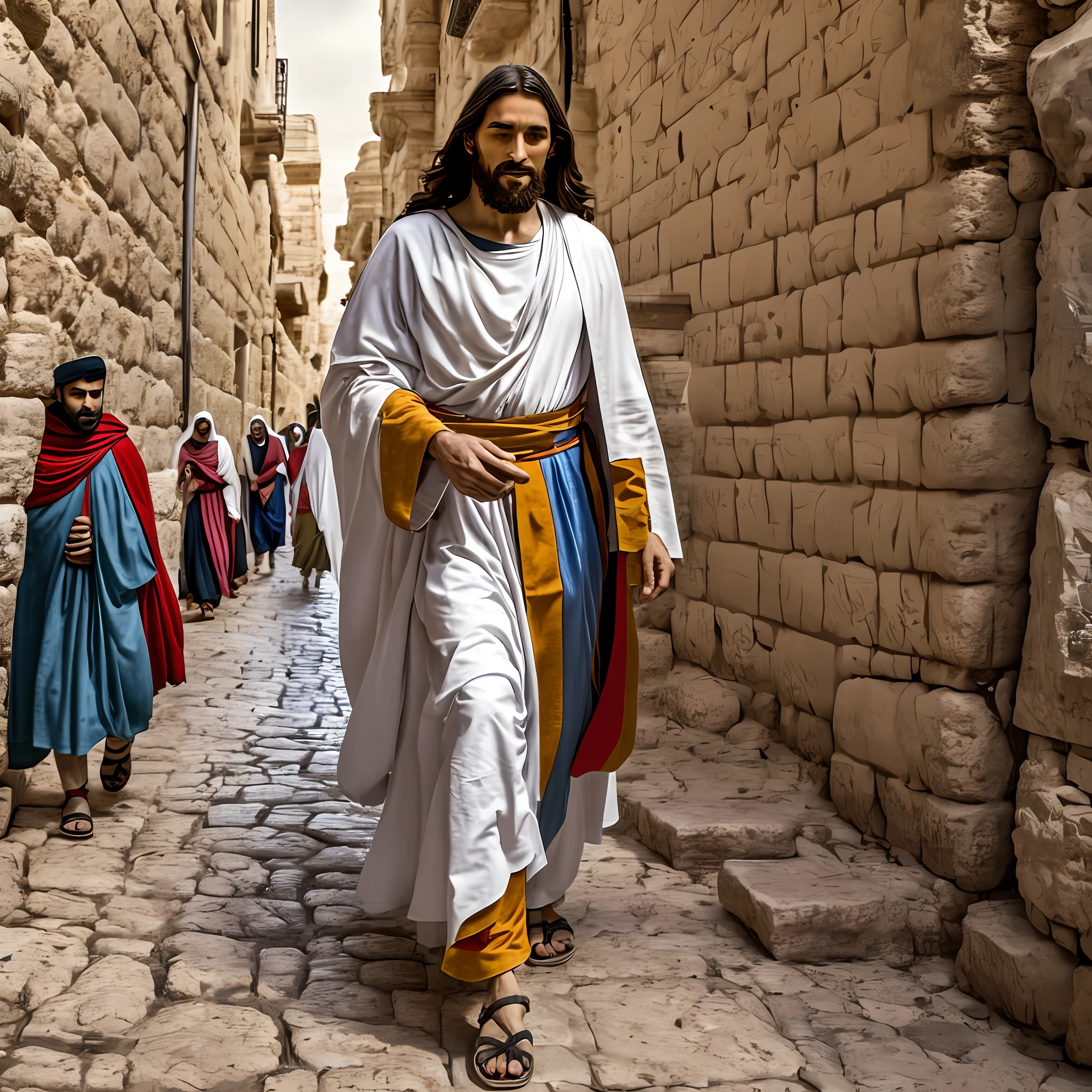 Jesus de Nazaré, de 33 anos, personagem bíblico, caminhando pela cidade de Jerusalém, tempo bíblico