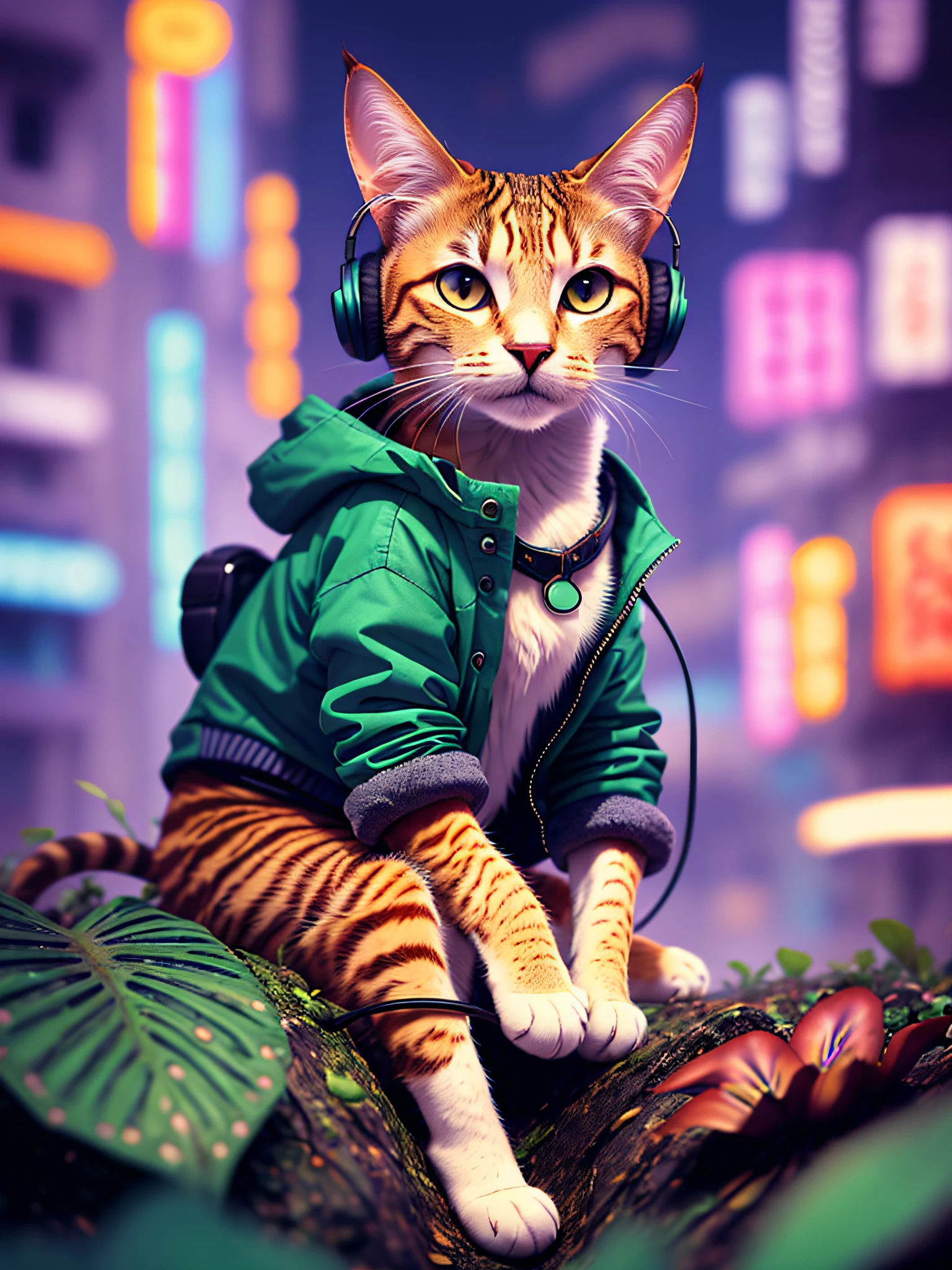 A cat with headphones and a jacket is sitting on a large lily leaf in a fountain. Cyberpunk and post-Soviet modernism  style themed. closeup view, neon lights., Pop art, Pixar, three sided view, UHD, anatomically correct, textured skin, super detail, high quality, 4K