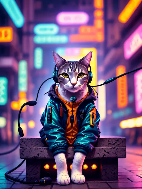 A cat with headphones and a jacket is sitting on a large lily leaf in a fountain. Cyberpunk and post-Soviet modernism  style the...