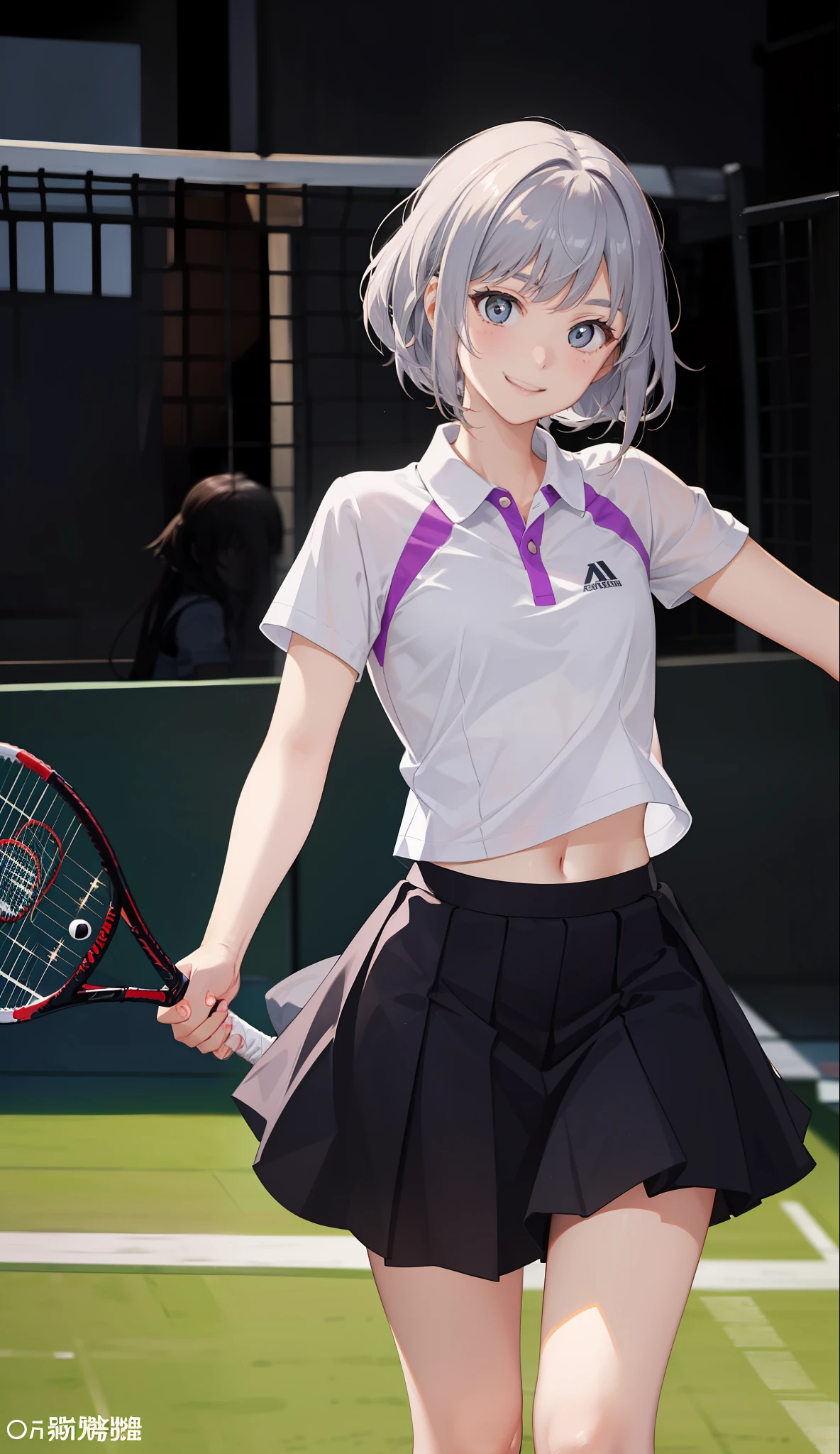 １The girls、shirts、pleatedskirt、17歳、Bob Hair Style、a smile、delightful!、enmaided、Chromo-white skin、Beautiful eyes、（small tits）、Playing tennis、Wimbledon、Wearing white tennis wear、cinematiclight、