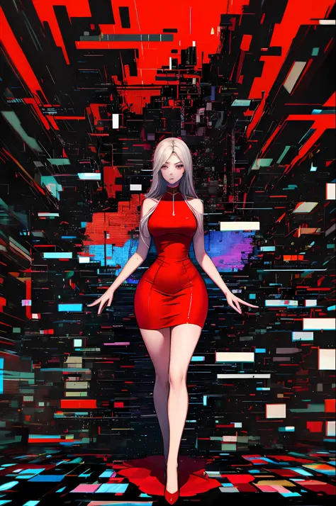 Highly detailed, High Quality, Masterpiece, beautiful, Glitching, glitch, solo, Girlfriend, red dress, curvy hourglass figure, f...