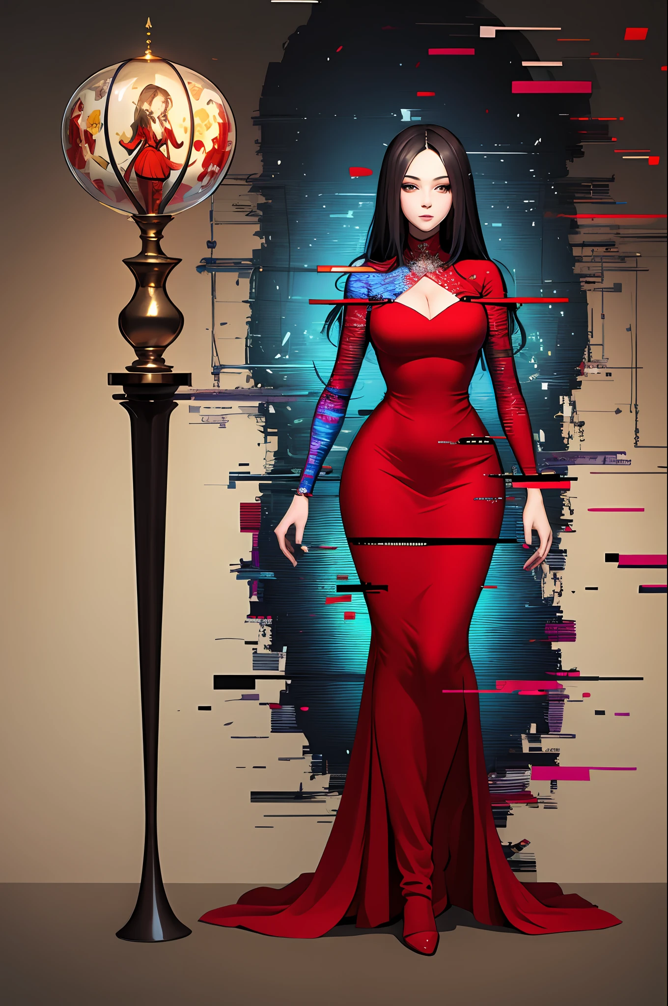 Highly detailed, High Quality, Masterpiece, beautiful, Glitching, glitch, solo, Girlfriend, red dress, curvy hourglass figure, full body.