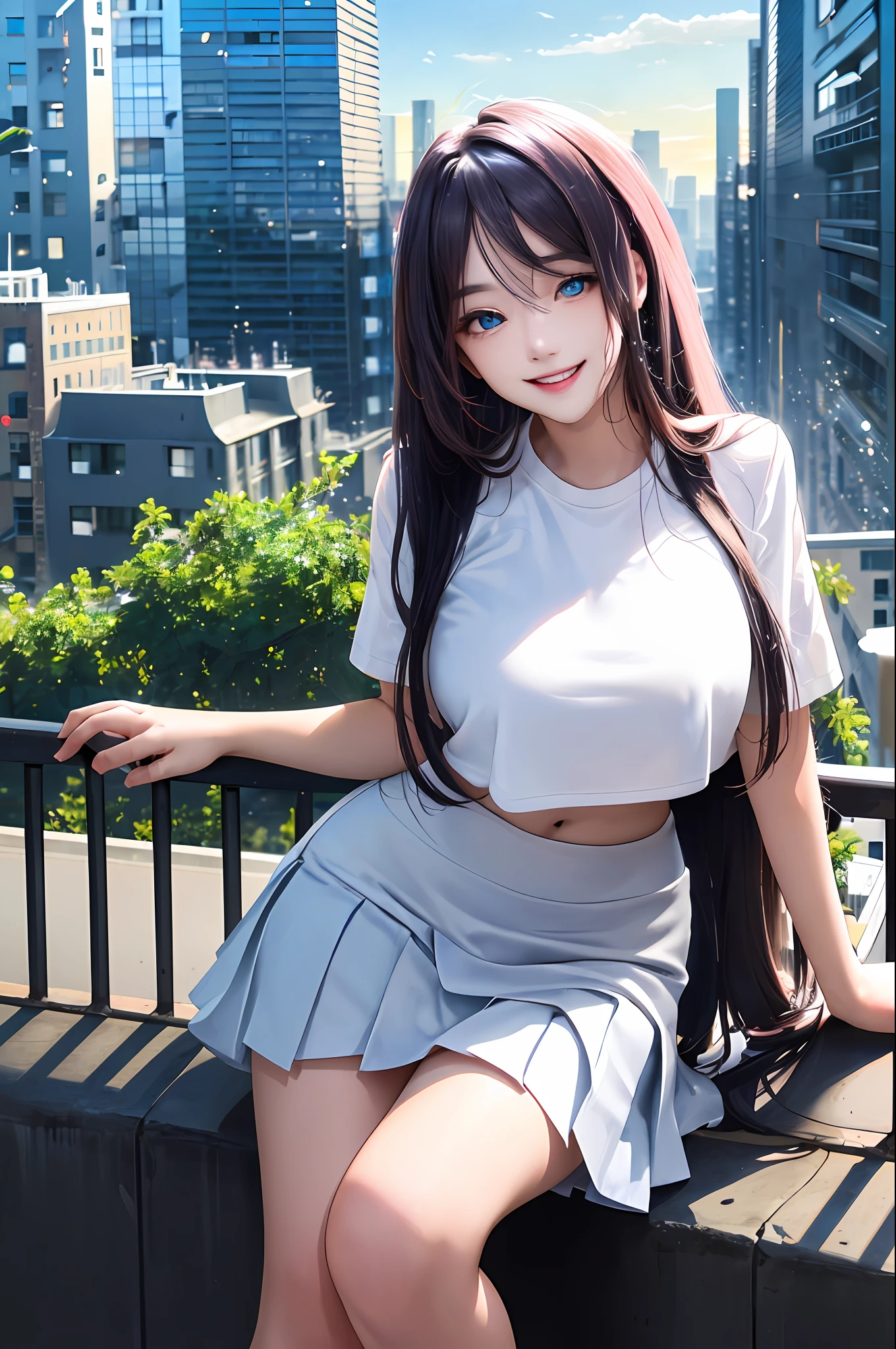 official art, masterpiece, sharp focus, (beautiful gorgeous cute Korean woman:1.3), (beautiful cute korean:1.3), korean beauty, Delicate and beautiful hair and eyes and face, realistic, ultra detailed, beautiful girl, blue sky, glow white particle, (sidelighting:1.2), sun light, white cloud, detailed clouds, slender, Lovely very large breasts and very large hips, smile with teeth, ((smile with eyes, open both eyes)), scenery, long straight hair, sexy facial expression, building, (cityscape:1.7), dynamic hair, long straight hair, detailed platinum pink hair, glow blue eyes, (blue pleated shirts + white skirt), white long socks, pale skin, hair ornament, epic scenery,