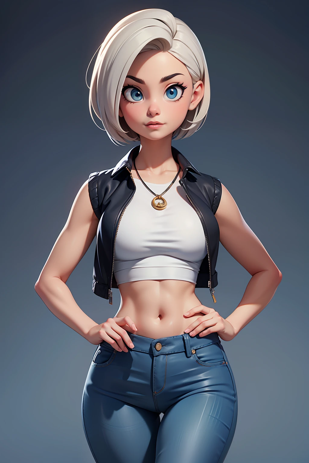 Super sexy Maria dressed （Low-cut and tight （Flared jeans））， （（White crop top top：1.5） Vest with exposed neckline）， Short hair, gray hair， photorealestic， photography of， （A high resolution）， （realisticlying：1.4）， （very intricate）， （exquisitedetails）， highly detaile， A high resolution， Original， Extremely detailed 8K wallpaper， Best Quority， Detailed face， hyper detailled， OriginalPhoto， realisticlying， （thigh gap：1.5）