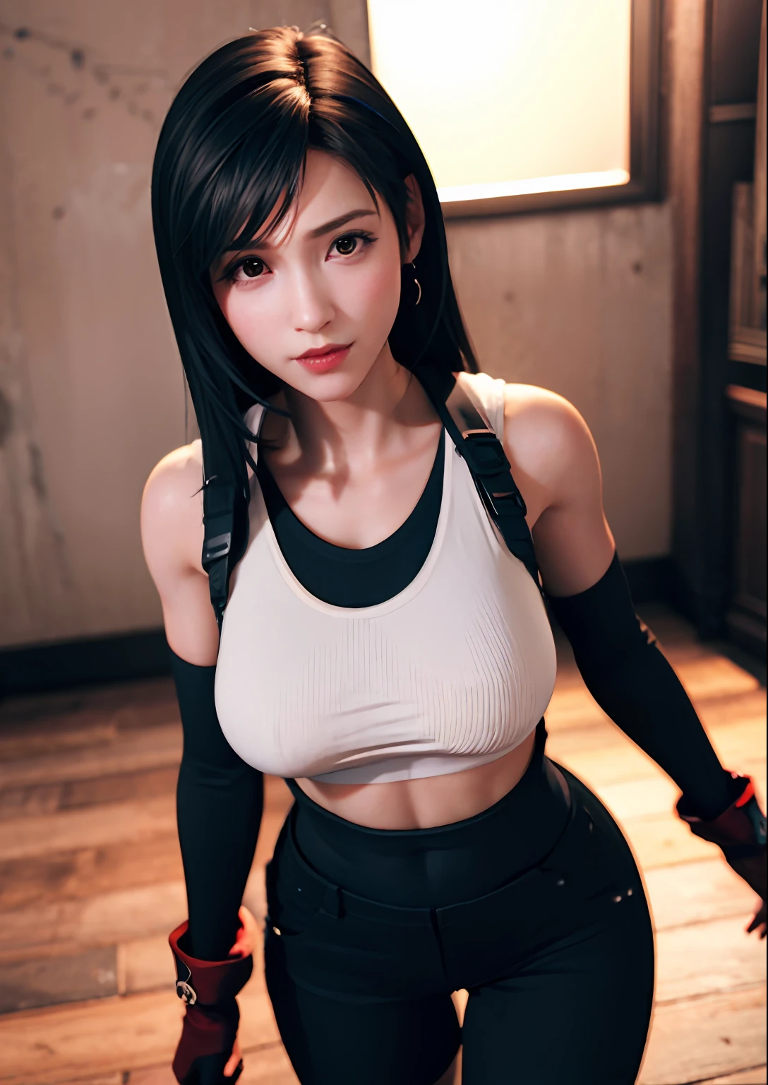 （realisticlying：1.4），top Quority，Very fine and beautiful，A high resolution，1girl huge large breasts，Fitness trainer，ff Tifa_lockhart，smil，Tights shot，Harnes，low-waist，Tight tank top，black har，length hair，gloves on the elbow，Beautiful detailed red eyes，Face light，cinmatic lighting，((Best Quority)), ((masterpaintings)), (the detail:1.4), 3D, A beautiful cyberpunk female image,hdr（HighDynamicRange）,raytrace,NVIDIA RTX,Hyper-Resolution,Unreal 5,Subsurface scattering、PBR Texture、post-processed、Anisotropy Filtering、depth of ﬁeld、maximum definition and sharpness、multi-layer texture、Albedo e mapas Speculares、Surface coloring、Accurate simulation of light-material interactions、perfectly proportioned、rendering by octane、Two-colored light、Large aperture、Low ISO、White balance、thirds rule、8K raw data、Black silk big breasts，the Long legs，Big Bear，Less clothes，barepubic hair