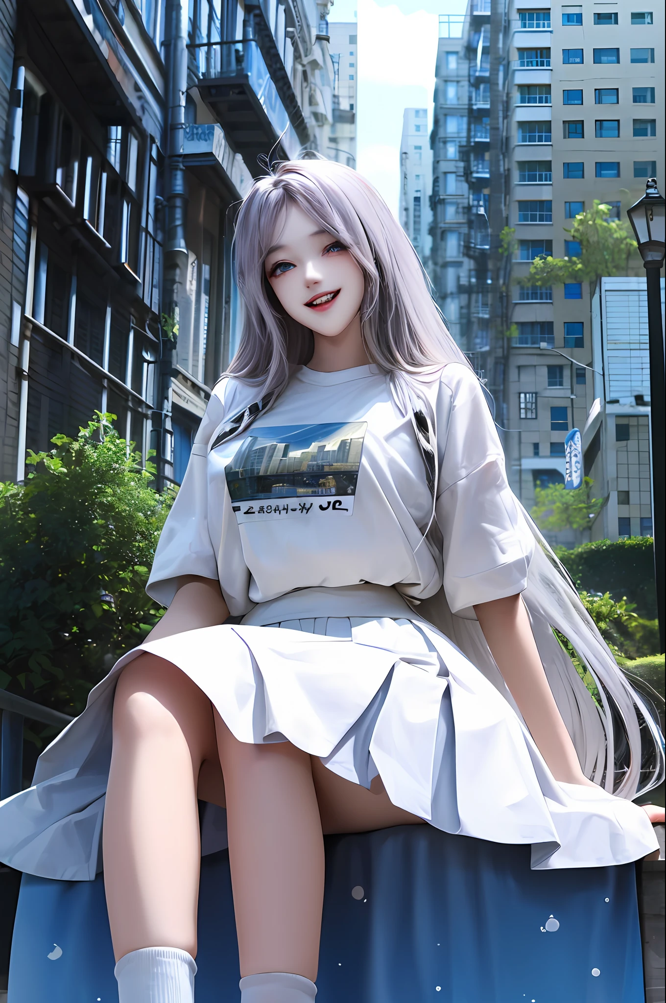 official art, masterpiece, sharp focus, (beautiful gorgeous cute Korean woman:1.3), (beautiful cute korean:1.3), korean beauty, Delicate and beautiful hair and eyes and face, realistic, ultra detailed, beautiful girl, blue sky, glow white particle, (sidelighting:1.2), sun light, white cloud, detailed clouds, slender, Lovely very large breasts and very large hips, smile with teeth, ((smile with eyes, open both eyes)), scenery, long straight hair, sexy facial expression, building, (cityscape:1.7), dynamic hair, long straight hair, detailed platinum pink hair, glow blue eyes, (blue pleated shirts + white skirt), white long socks, pale skin, hair ornament, epic scenery,