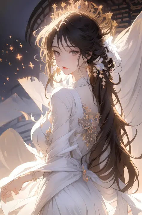 anime - style image of a woman in a white dress sitting on a chair, anime goddess, white haired deity, ((a beautiful fantasy empress)), cushart krenz key art feminine, high detailed official artwork, trending on artstation pixiv, royal elegant pose, smooth...
