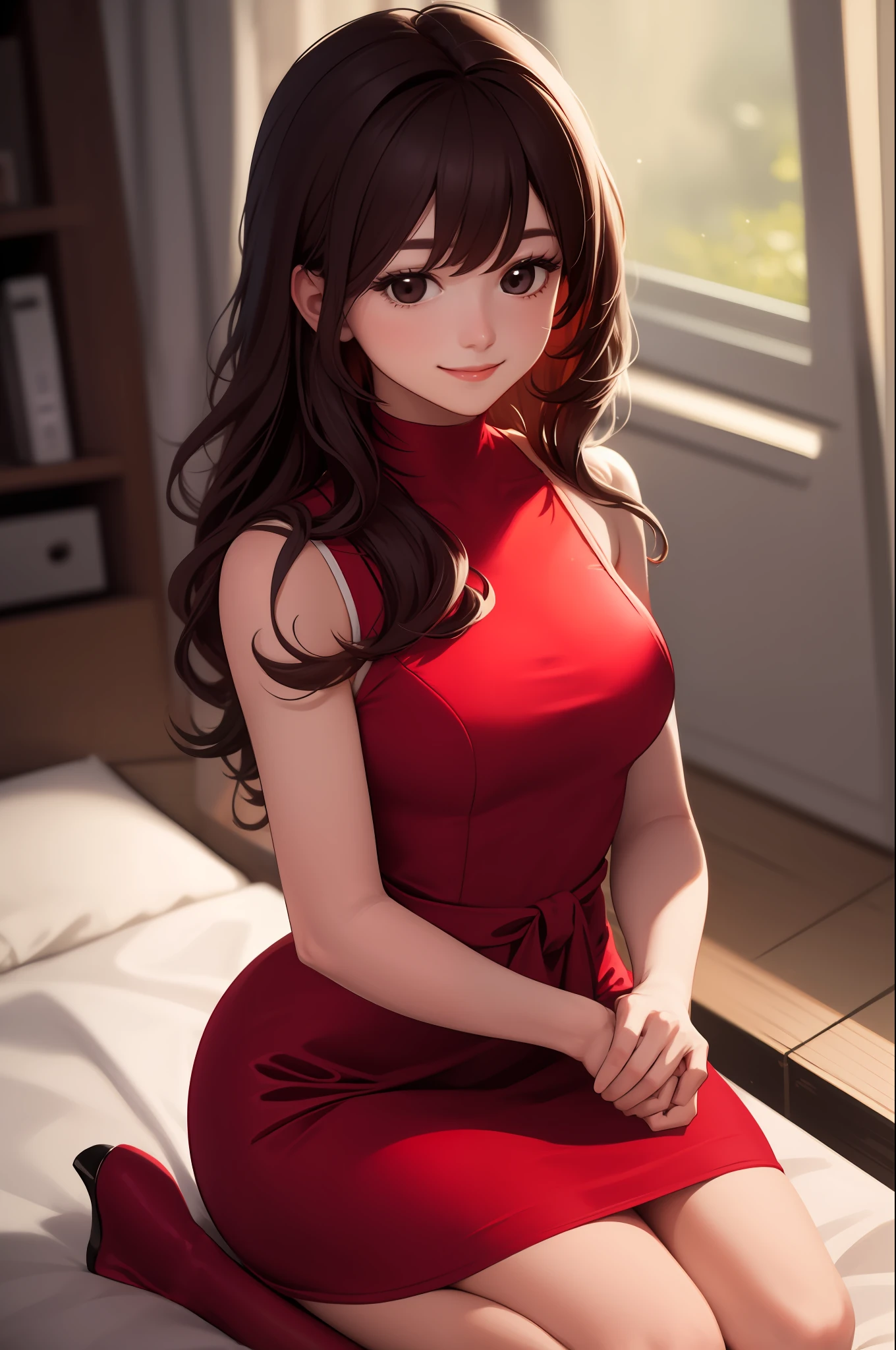 Highly detailed, High Quality, Masterpiece, beautiful, Girlfriend, 1girl, solo, light smile, red dress, seiza