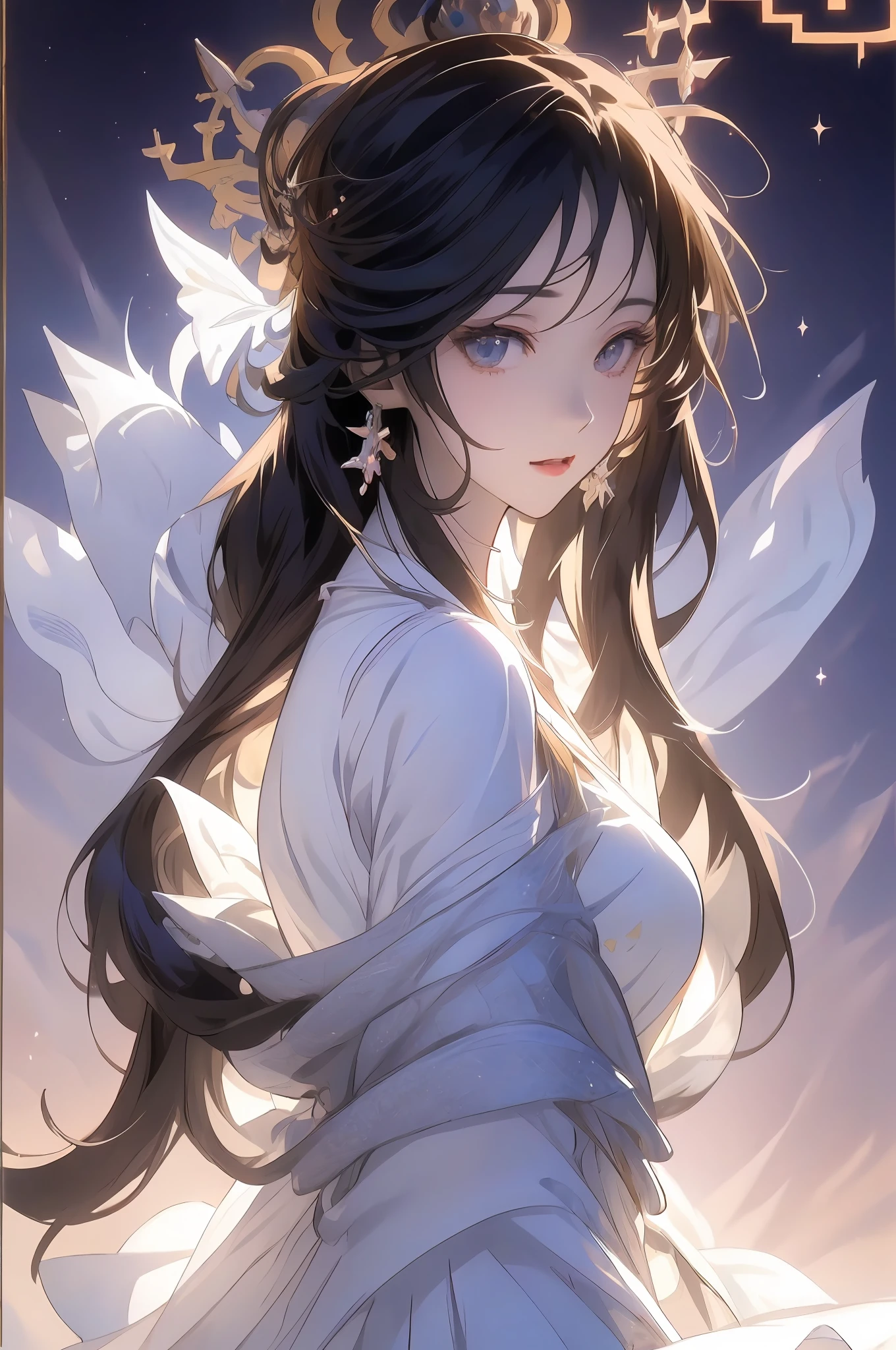 anime - image de style d&#39;une femme vêtue d&#39;une robe blanche assise sur une chaise, Déesse Anime, divinité aux cheveux blancs, ((une belle impératrice fantastique)), cushart krenz art clé féminin, illustration officielle très détaillée, tendance sur artstation pixiv, pose royale élégante, Art CG d&#39;anime fluide, waifu anime mignon dans une jolie robe, Hestia