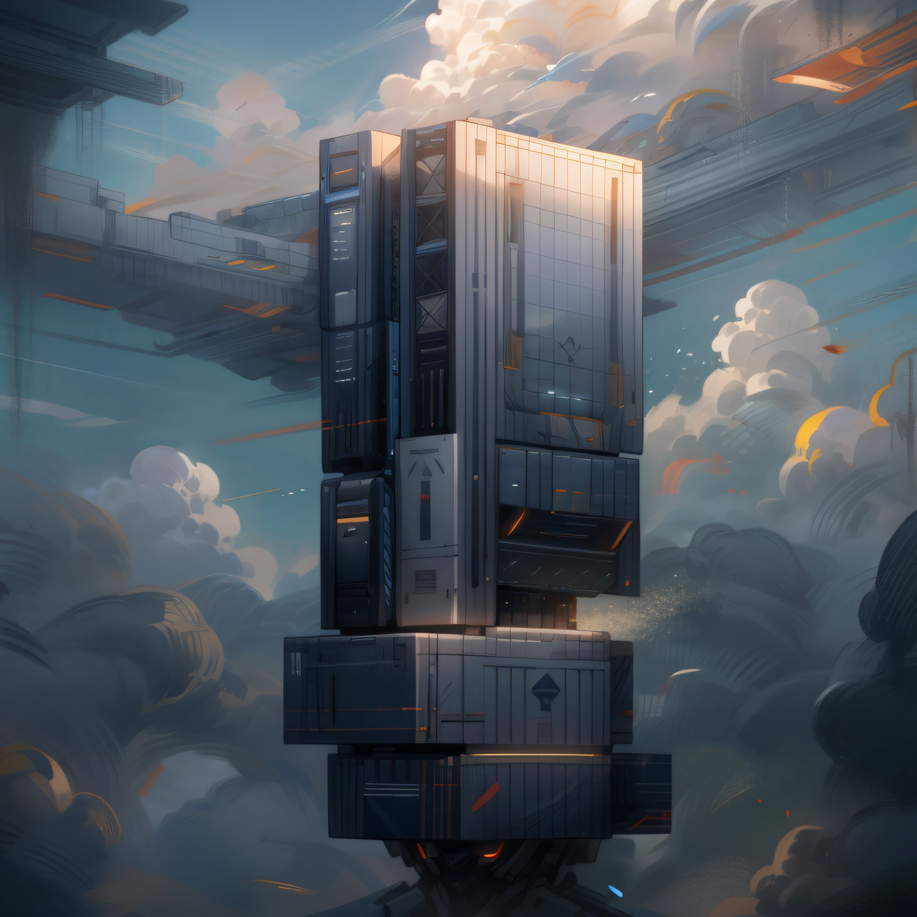 Building，Technologie，the ground，skyward， Clouds， holding_weapon， no_humans， Glow， robotical， architectural， scientific fiction， oras， realisian --v6