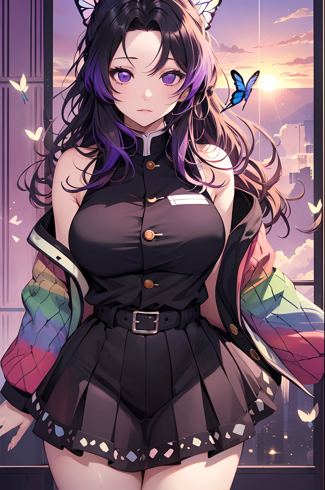 Kochou Shinobu, 1girl,masterpiece, multicolored hair,sleeveless, purple eyes, black jacket,black skirt,uniform, white haori, , multiple butterflies, , laked sunset, lens flare, perfect lighting, highest quality, hands behind,  thighs, large breasts, highest quality, high resolution.