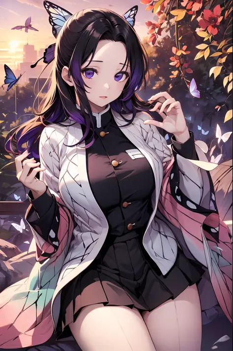 Kochou Shinobu, 1girl,masterpiece, multicolored hair,sleeveless, purple eyes, black jacket,black skirt,uniform, white haori, , m...