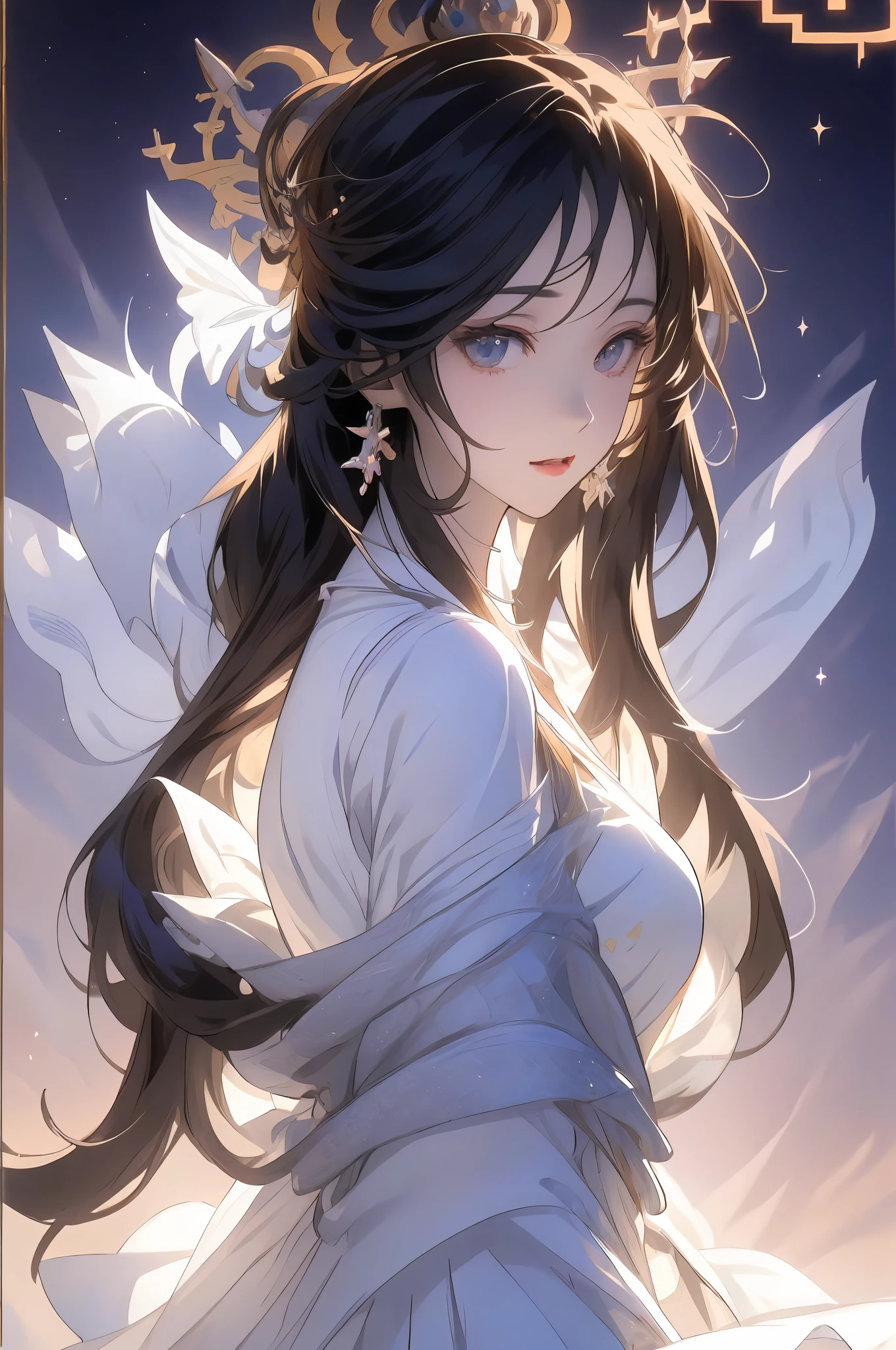 anime: imagen de estilo de una mujer con un vestido blanco sentada en una silla, diosa del anime, deidad de pelo blanco, ((una hermosa emperatriz de fantasía)), cushart krenz arte clave femenino, obra de arte oficial muy detallada, tendencia en artstation pixiv, pose elegante real, arte cg anime suave, Lindo anime waifu con un bonito vestido., hestia