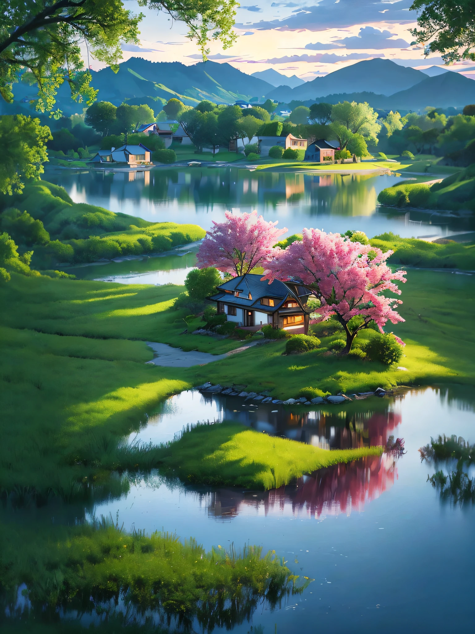 there is a small house on a small island in the middle of a lake, beautifully lit landscape, peaceful landscape, serene landscape, beautiful serene landscape, amazing landscape, in a serene landscape, an amazing landscape image, dreamy landscape, beautiful lake, beautiful landscape, stunning landscape, setting in nature, beautiful lake background, perfect landscape, stunning light reflections, beautiful dreamy landscape