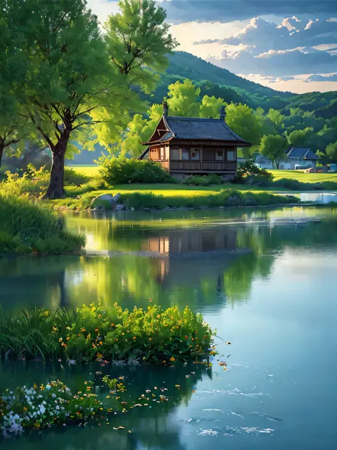 there is a small house on a small island in the middle of a lake, beautifully lit landscape, peaceful landscape, serene landscap...