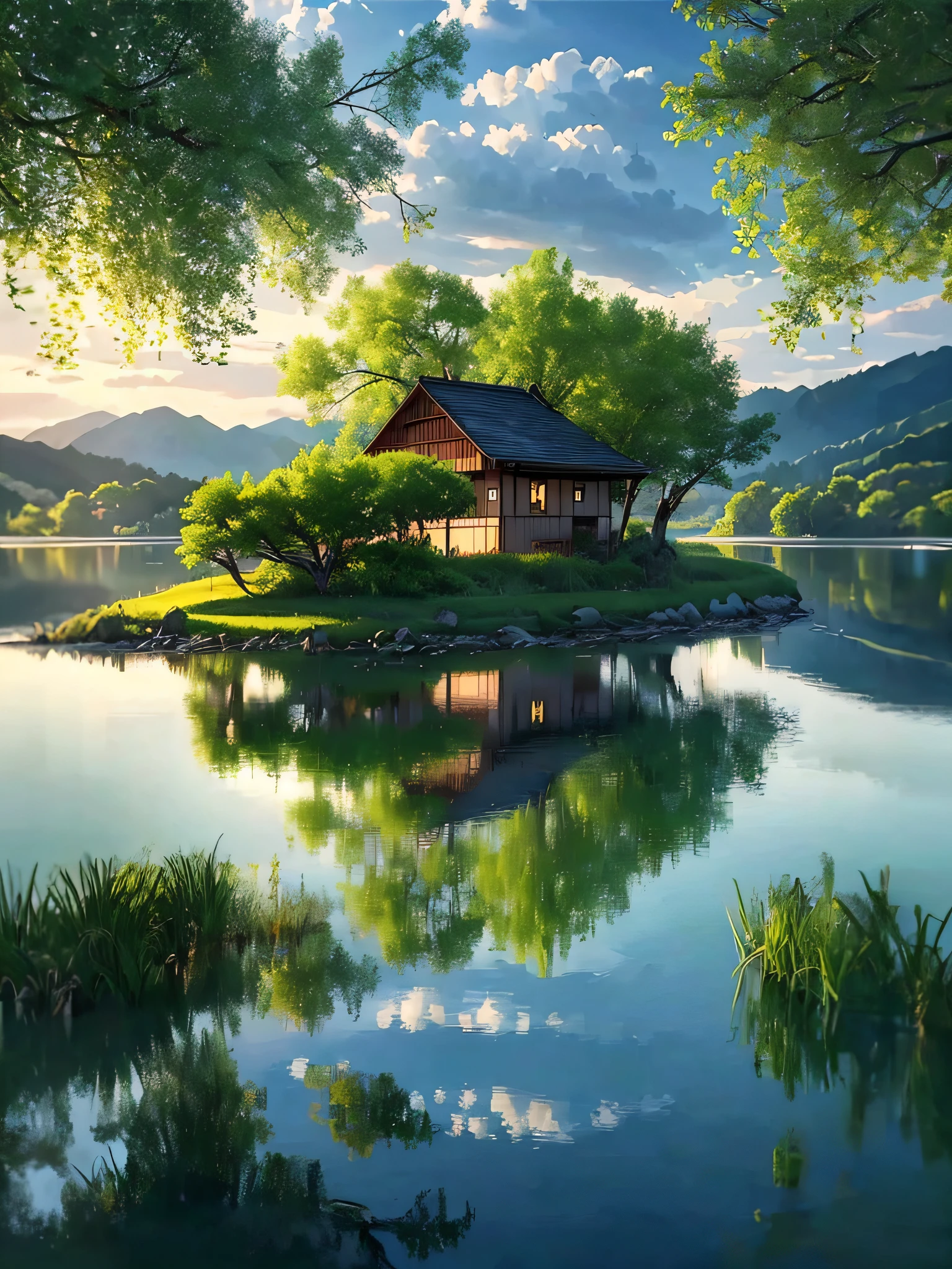 there is a small house on a small island in the middle of a lake, beautifully lit landscape, peaceful landscape, serene landscape, beautiful serene landscape, amazing landscape, in a serene landscape, an amazing landscape image, dreamy landscape, beautiful lake, beautiful landscape, stunning landscape, setting in nature, beautiful lake background, perfect landscape, stunning light reflections, beautiful dreamy landscape