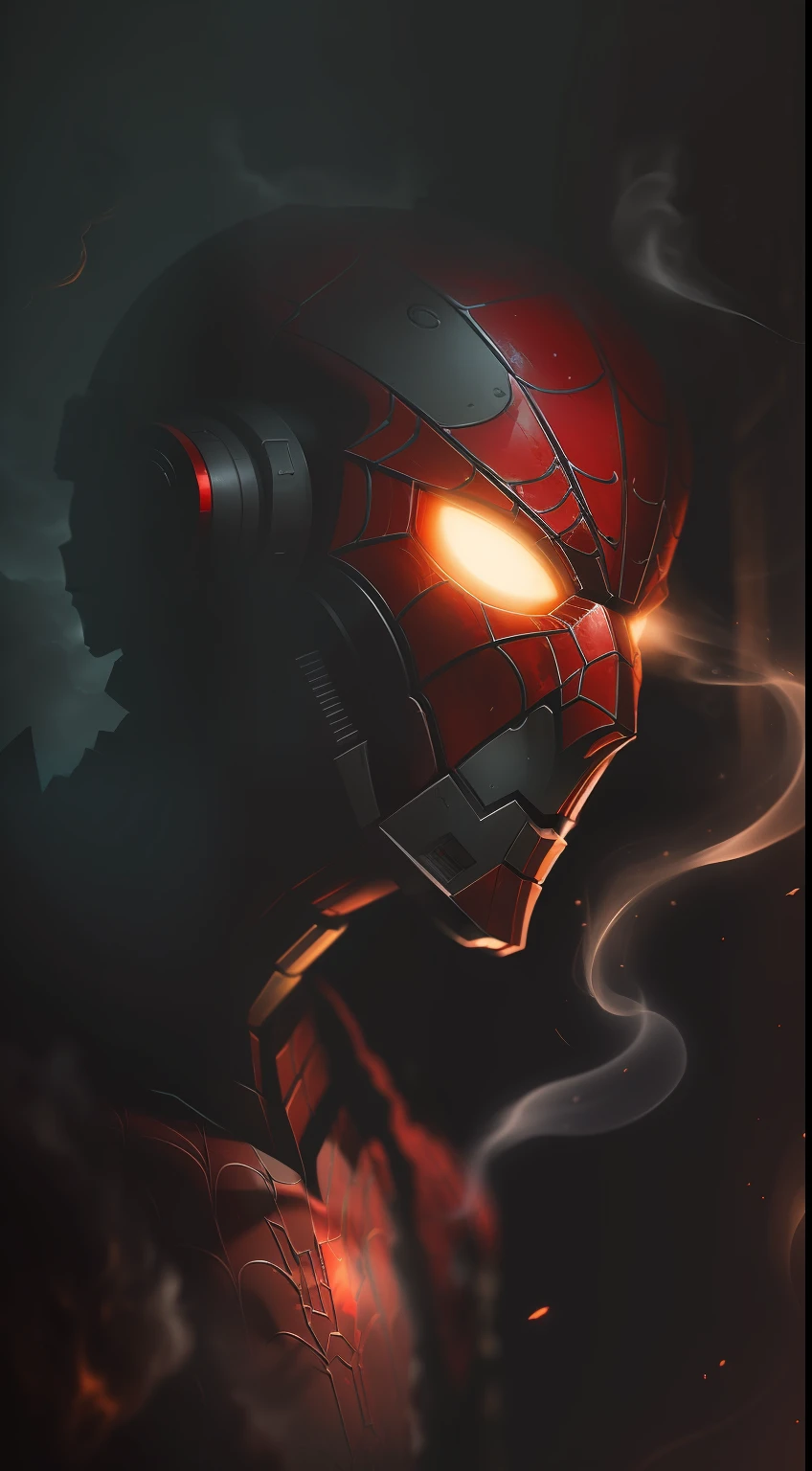 A close up of a spider - man with glowing eyes and a red light - SeaArt AI