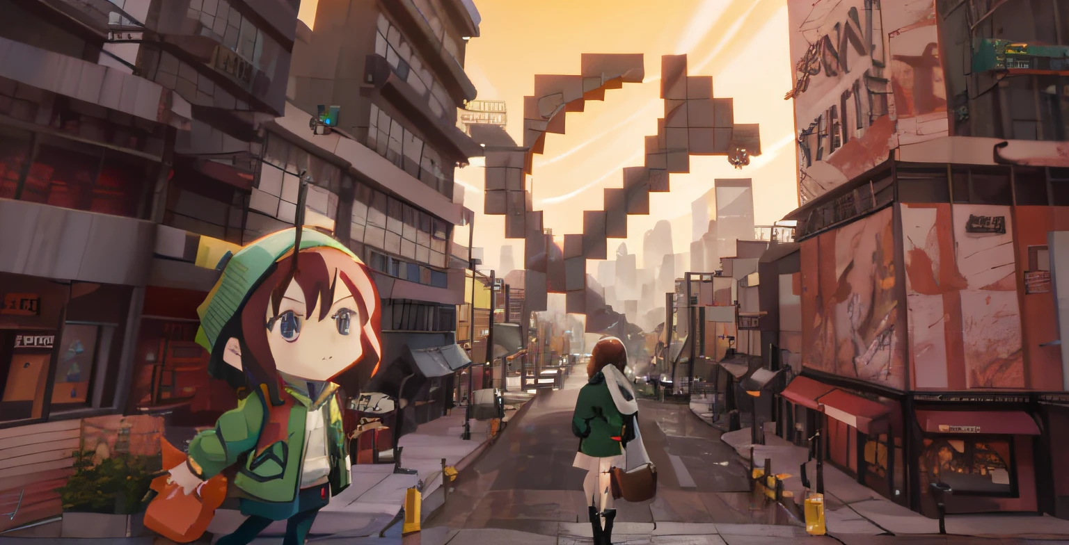 Anime girl standing on city street in green jacket，The background is the building, anime style cityscape, screenshot from the anime film, walking on top of a tiny city, anime film still, cinematic lain fractal lain, walking over a tiny city, inspired by Kubisi art, animation style render, giantess art, rio de janeiro in an anime film, videogame still，Statue of the hammer head of the sickle，communism --auto