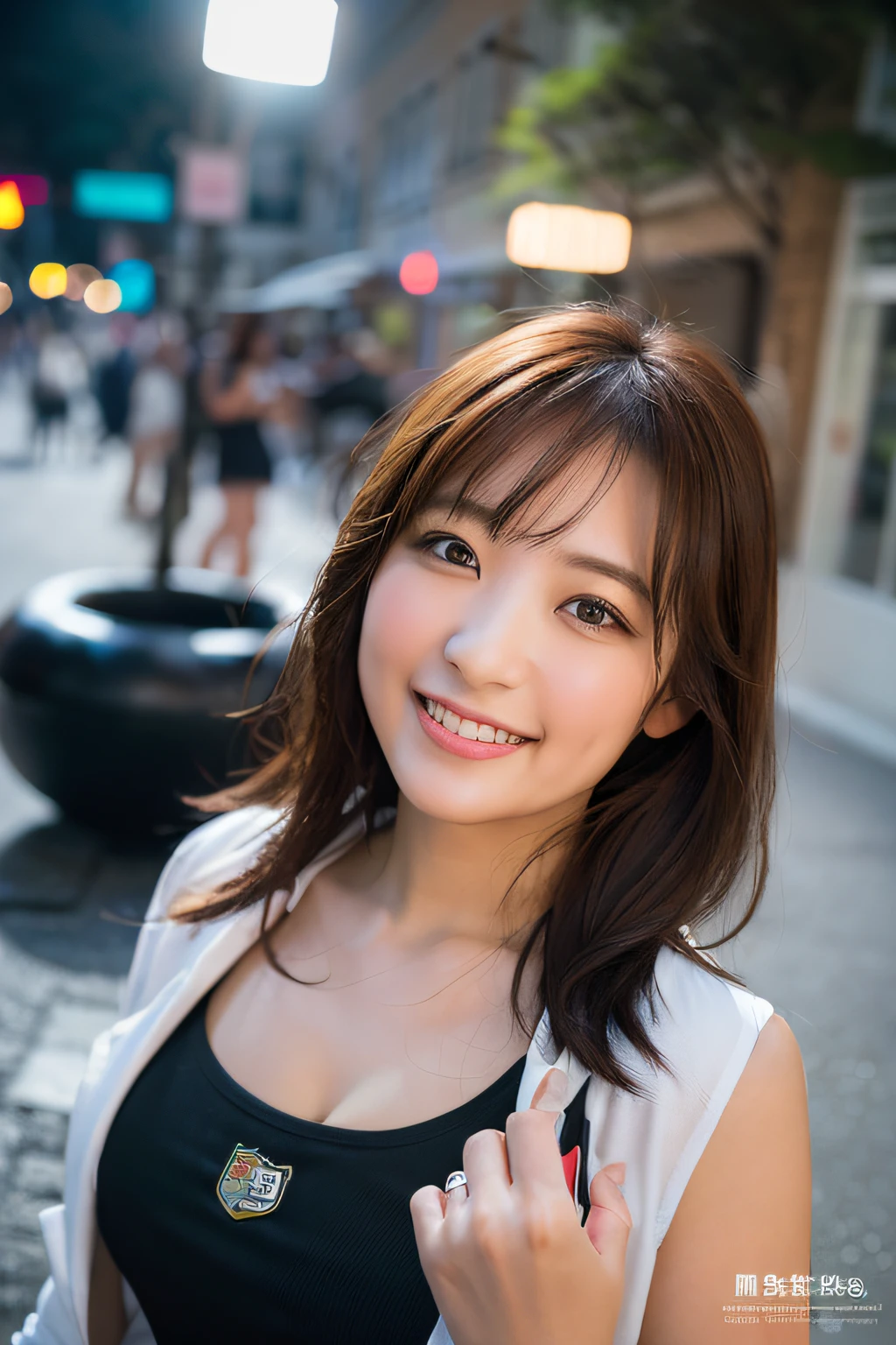 1girl, happy, smiling, (at street:1.2), ((office uniform:1.2)),night, RAW photo, (photorealistic:1.37, realistic), highly detailed CG unified 8K wallpapers, looking at viewer, (((straight from front))), (HQ skin:1.8, shiny skin), 8k uhd, dslr, soft lighting, high quality, film grain, Fujifilm XT3, ((upper body:1.6)), (professional lighting:1.6)