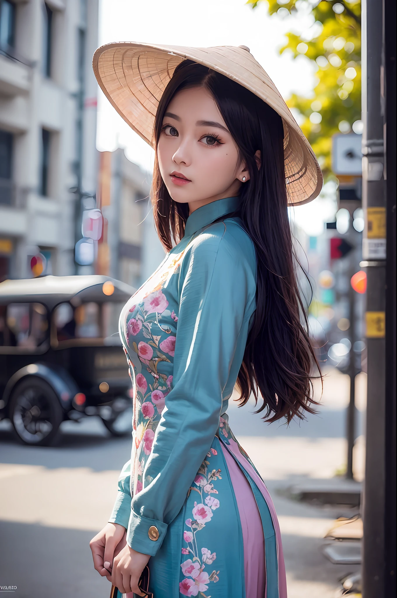 a beautiful girl in vintage bright colors four-panel traditional dress viet nam, city nigth, masterpiece, best quality, realistic:1.3, street, cyberpunk, sunlight, backlighting, artstation, intricate details, vignette, city night, antique car, Hoi An, Conical Hat traditional viet nam