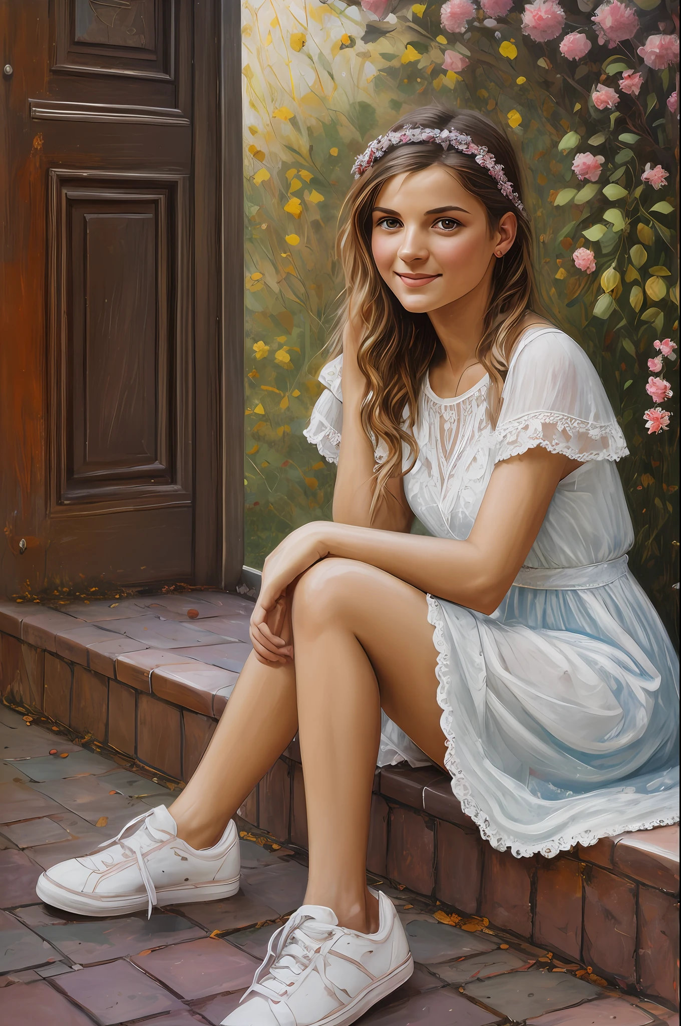 Gorgeous young Daria Taranka, with emotional eyes and wet hair, in a wet light summer dress, a Khokhloma style dress, smiling happily in pink sneakers, Sat down, On the wet porch, Paving stones in the park, intricate details, 16k, Dynamic photo, (the atmosphere of the photo in Yuri Arkurs style),, Stunning, Highly detailed, 8K, ornate, Intricate, Cinematic, Raw, atmospheric, (oil painting:0.75), (headband:0.75),(teal:0.2),(orange:0.2), (by Jeremy Mann:0.5), (by John Constable:0.1),(by El Greco:0.5),(acrylic paint:0.75), 8K