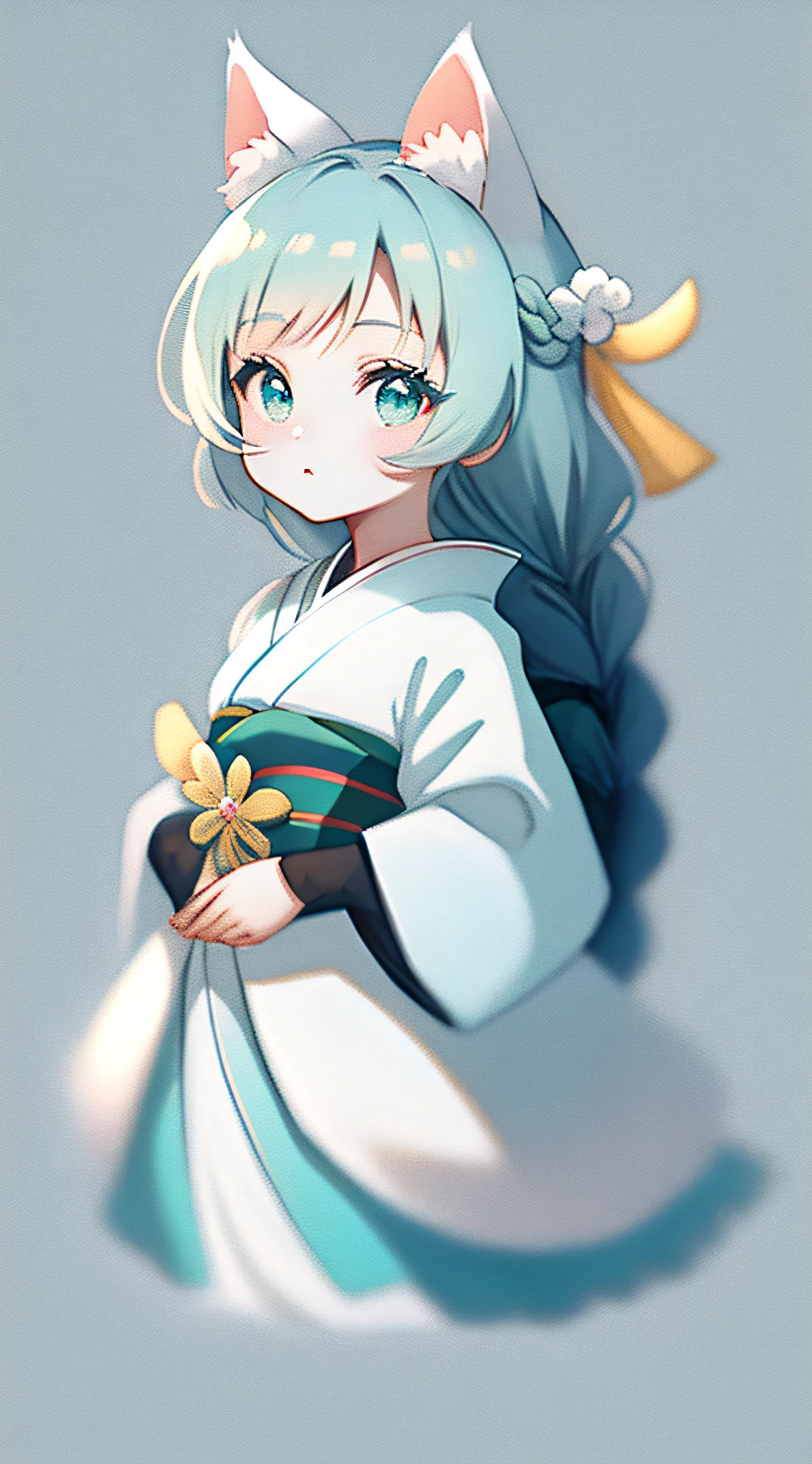 Tiffany Blue，chiquita，white backgroun，Small cat ears，Double braid，hight clarity，style of anime，Japan kimono，closeup of face