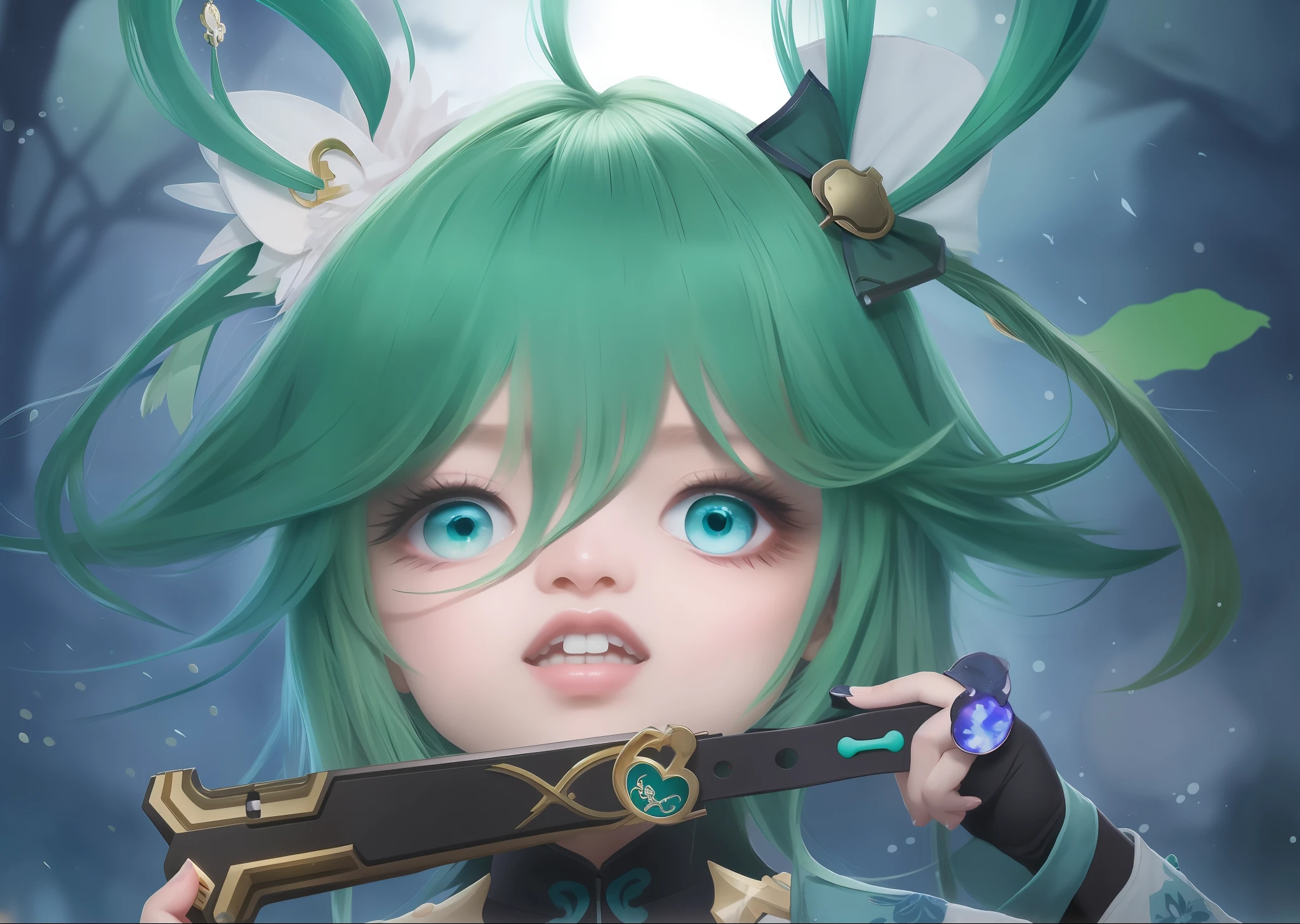 A close up of a person with green hair holding a sword - SeaArt AI