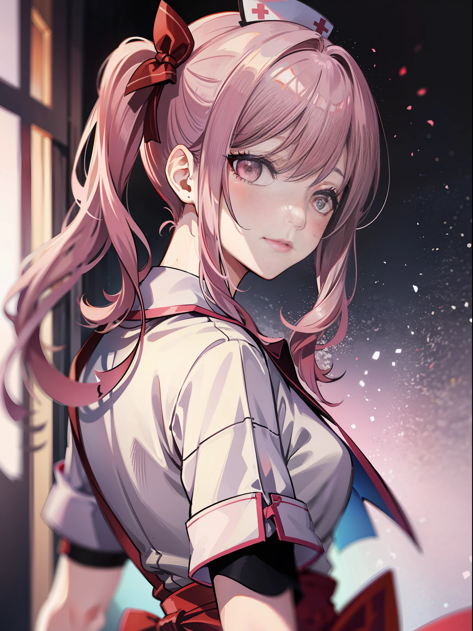 akiyama mizuki, 1other, solo, White nurse clothes, Standing, Side ponytail, mostly dark, mostly in shadow, Night lighting, during night, Dark lighting, back Lighting, Red_bow, Colorful, otome game cg, 巨作