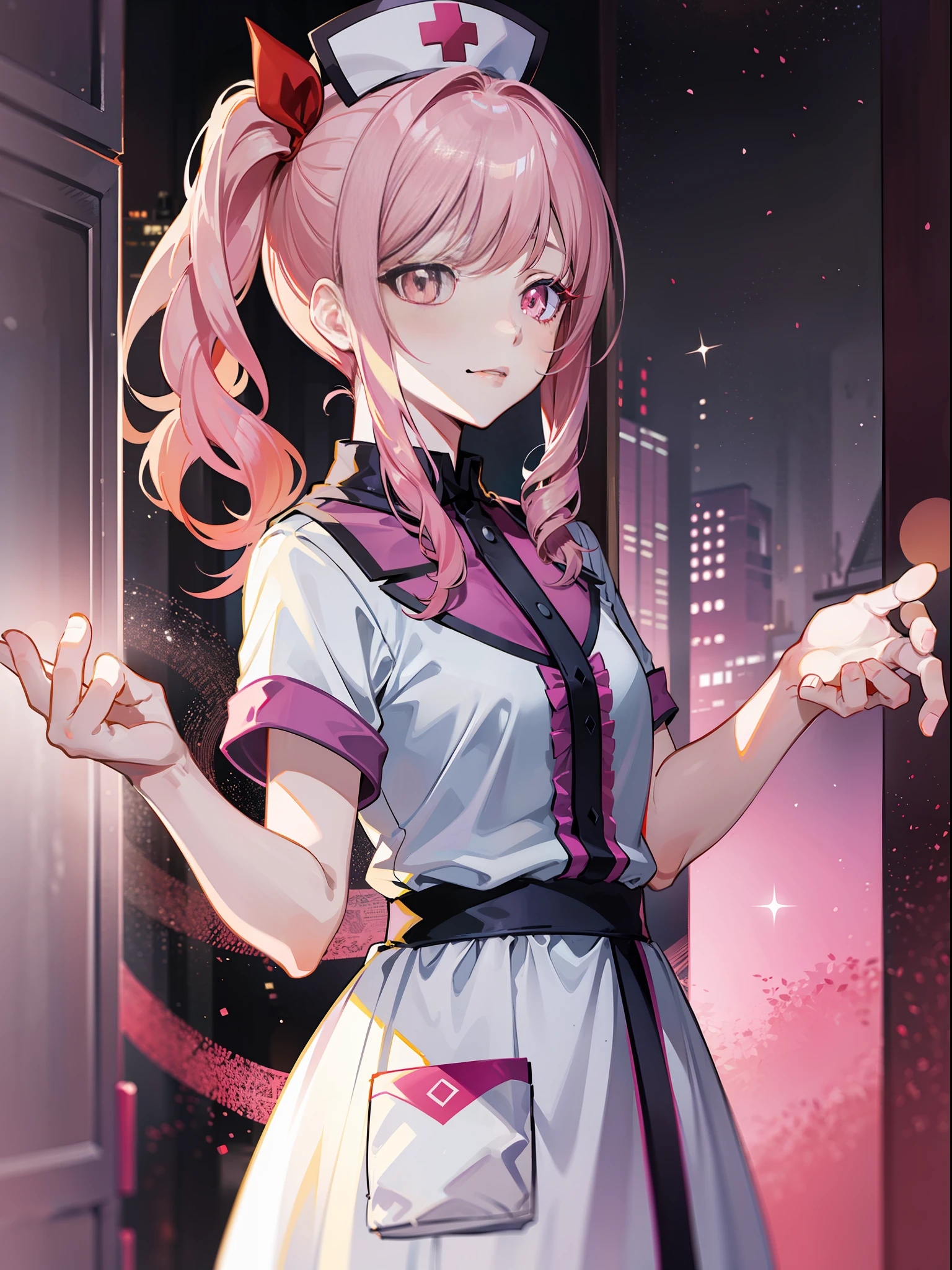 akiyama mizuki, 1other, solo, White nurse clothes, Standing, Side ponytail, mostly dark, mostly in shadow, Night lighting, during night, Dark lighting, back Lighting, Red_bow, Colorful, otome game cg, 巨作