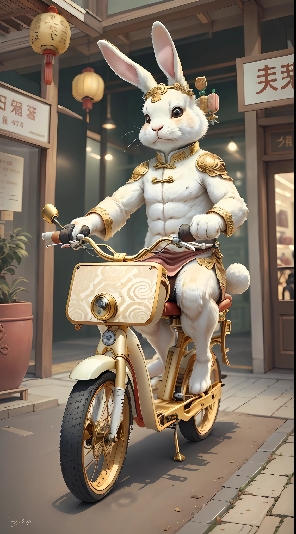 слоновая кость золото，(Кролик по китайскому зодиаку), (Катание на электрическом велосипеде)