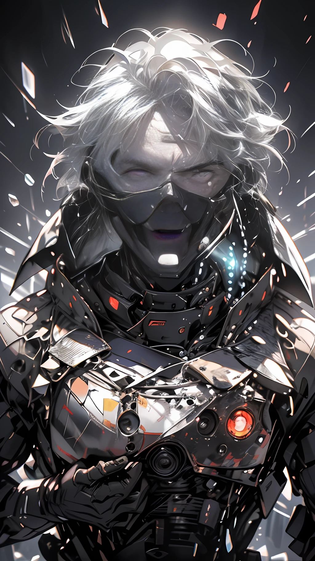 （a Boy:1.8）Dark boy, Short silver-white hair swaying in the wind, Handsome and handsome clear face, Three-dimensional facial features, The pupils emit an evil red light, Mechanical body，Black gas is constantly rising, Flow effects, shadowy, wicked, blend, character sheets, a panoramic view, ultra high def, 巨作, A high resolution, Movie special effects, Ray tracing, chromatic aberration abuse, Action painting, Emoji drawing，projected inset, f/16, Cowboy shot, ccurate, Super detail, High details, High quality, 8K