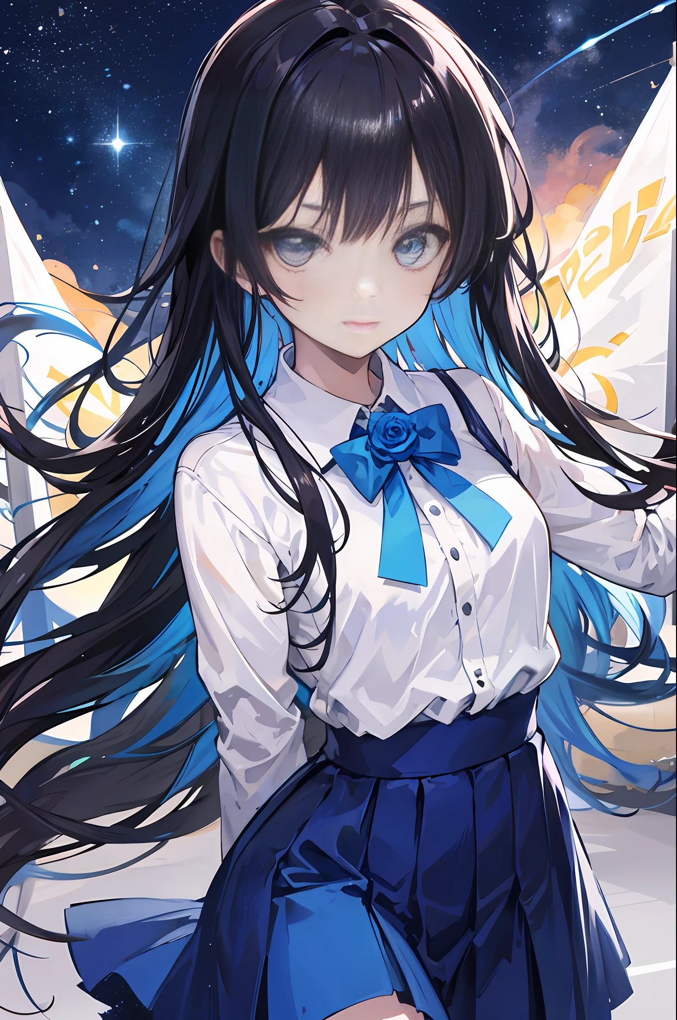 Blue dress,8yo,girl,Blue rose,Black hair color - SeaArt AI