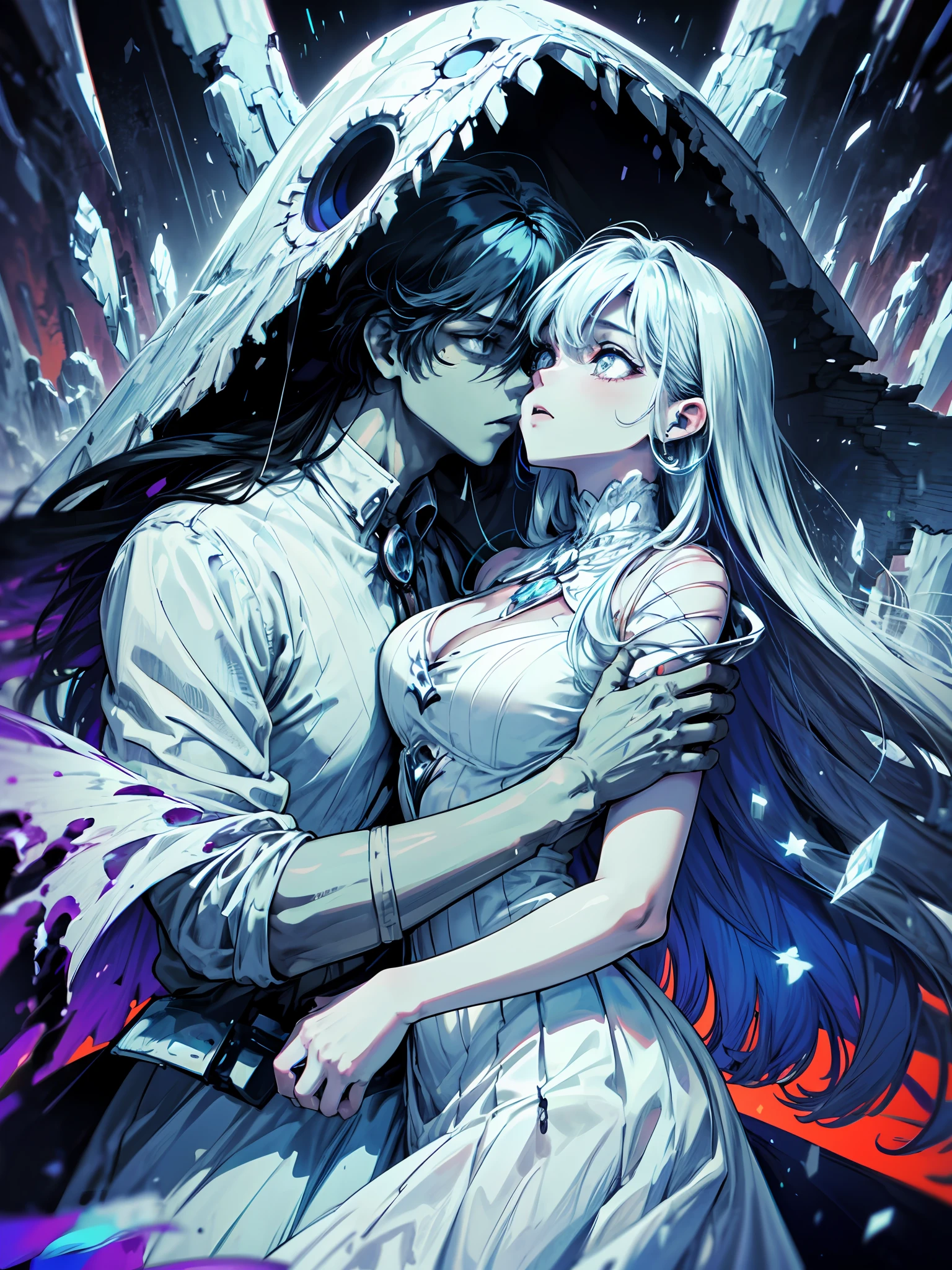(romantic relationship between 1girl and 1boy), [Yuri,sfv], (forbidden love), 2person : {1eldritch girl, 1monsterboy}, girl wearing white dress, boy wearing black armor, dynamic view, Vast angle,Cowboy shot, beautiful emphasizing on face and eyes, sweetly detailed,intricate scenery, Contrast,[limited palette[Rust,Silver,blood]],professional coloring,sumptuous artwork,artistic representation of devastation, twisted romantic aesthetic,(illustration,extremely precisely drawn:1.2), A high resolution,Best quality