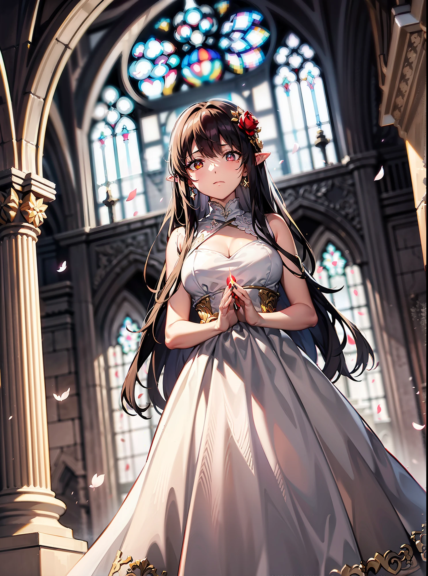 A young girl stands on the ground，（Dark purple dress long dress，（Medieval lavish dress，Prom Dresses、Fluffy dress dress、pleatedskirt、Lace lace），Silver or dark gold lace，bound waist），（Bright interior of the church、Pure white church、Pure white walls，Holy sense of picture），（At the bottom of the screen, Ivory white ground，Reflection of the ground reflection，Carved stone slabs，Classical carved stone pillars，blurryforeground，Falling crimson petals and glowing red butterflies），（Reduced saturation，warmtones，Silvery-white tones，Bright ivory white church background，There is a hierarchical background，White and gold palace，Light background，Glorious background，Huge golden chandelier、Candle chandeliers，Huge stained glass windows in the church，Ivory white stone pillars，Exquisite ornaments），Rendering effects，depth of ﬁeld，（（cabelos preto e longos），Striped hair, Red infracing, Long sideburns, crossed bangs, Hairline, Dark red flower hair ornament, Diamond-shaped pupils, Colored pupil color，Moles under eyes, Red crystal earrings, Pointy ears, （（blood in face、There is blood on the side of the mouth，wounds，Broken clothes，There is blood on the body）））, High detail, Chiaroscuro, Ray tracing,tachi-e, Super detail, （（The light from the back window is backlighted，Center composition，The picture has a flake of rainbow-colored light，Divine sense of picture，Tyndall Light，Design images with a wide-angle lens effect，Hands across your waist、The left hand is wrapped around the waist，Empty eyes, Dilated pupils, half-closed eye, flower shaped pupils, Closed mouth, pain, Expressionless, turn pale，Full body photo，ultra-wide-angle，Face Shadow）），巨作, 4K，