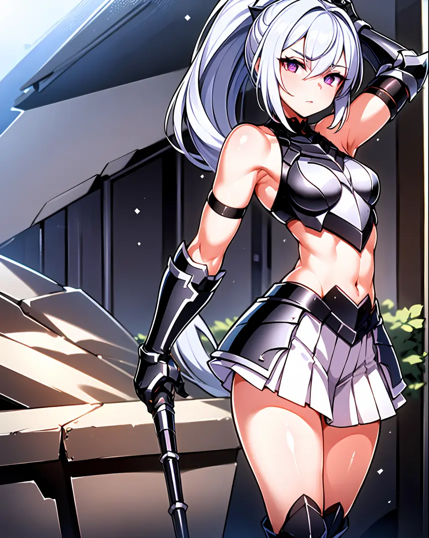 1girl, (solo:1.2), ((masterpiece)), slim, small chest, pale skin, ((detailed eyes)), (bokeh effect), (dynamic angle), dynamic pose, white hair, ponytail, backless plate armour, (skirts), iron boots, (lance:1.2), knight, armpits, gauntlets