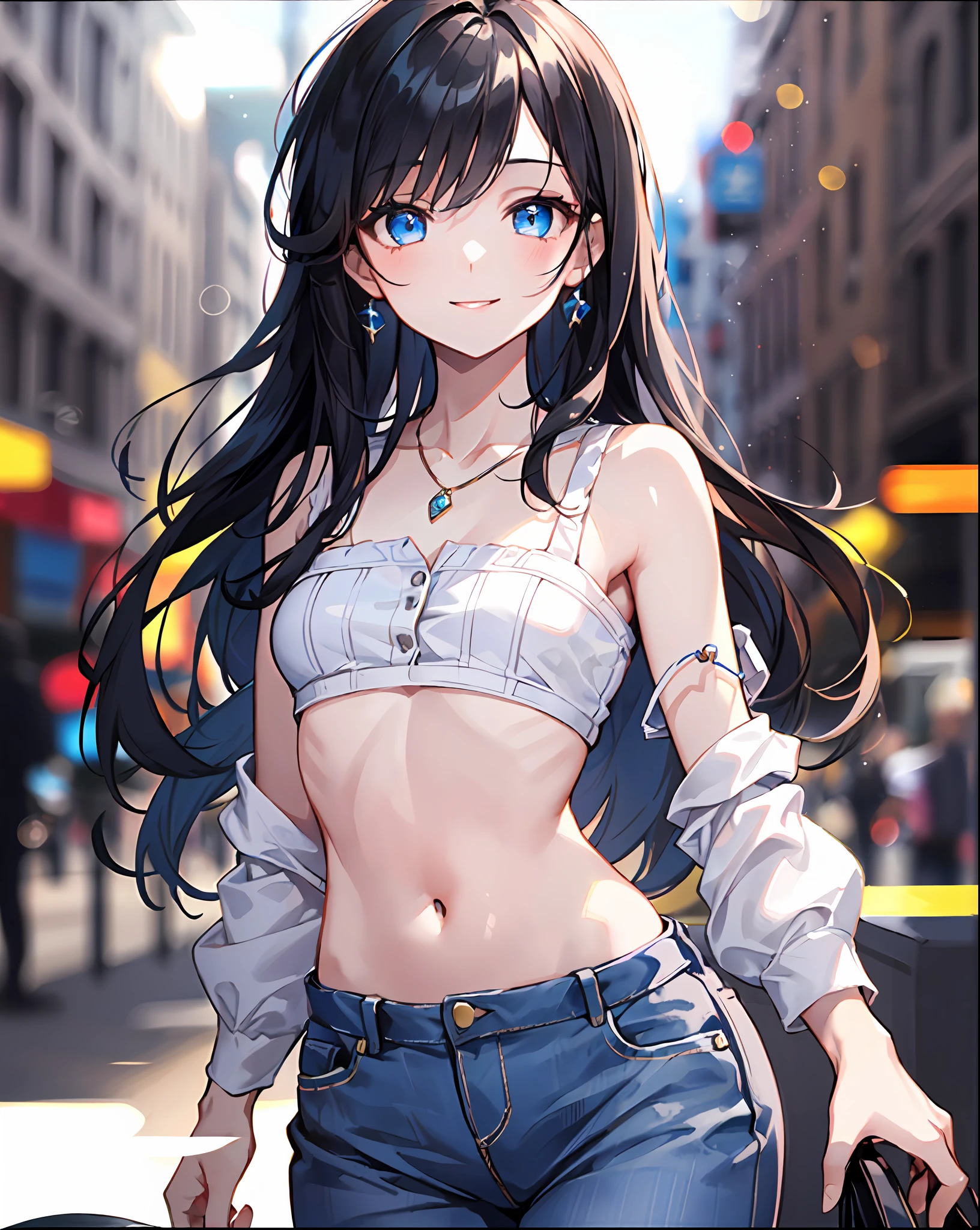 1girl, (solo:1.2), ((masterpiece)), slim, small chest, pale skin, ((detailed eyes)), (bokeh effect), (dynamic angle), dynamic pose, black hair, long hair, blue eyes, interior, smile, casual clothes