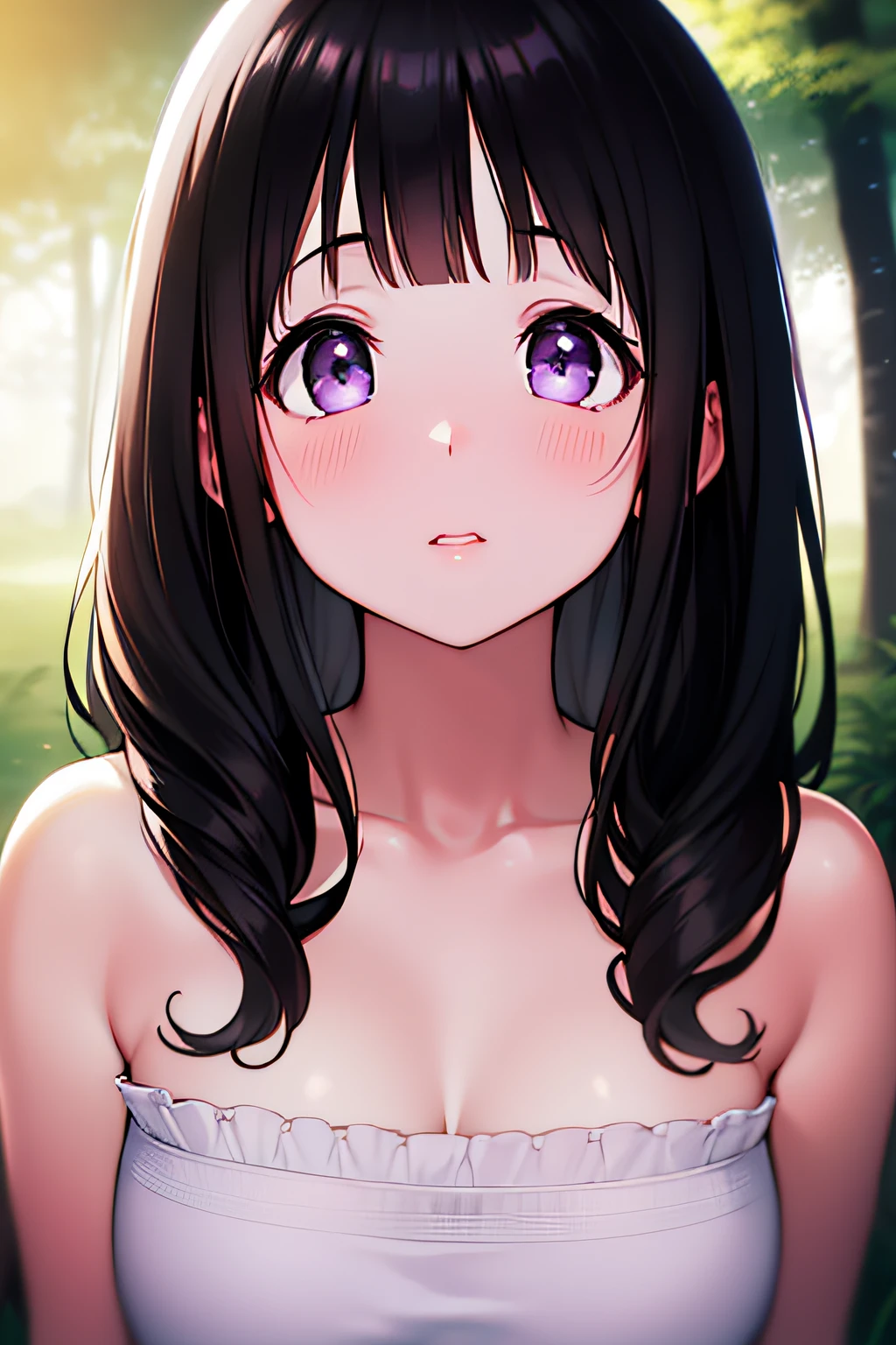 (A superb exquisite Chitanda Eru), purple eyes, black hair, natural straight hair, straight bangs, solo, (camping), campfire, nature, cottage, extremely delicate, straight facial features, peerless beautiful girl, soft, (sensual), (ecchi), (kawaii), dreamy quality, exaggerated facial features, solid color, frank holly, delicate face, bright lips, slender waist, soft curves, real light and shadow, super fine, 4k, natural moving, Ultra high resolution, (masterpiece:1.2, best quality), (finely detailed beautiful eyes: 1.2), (beautiful detailed face)