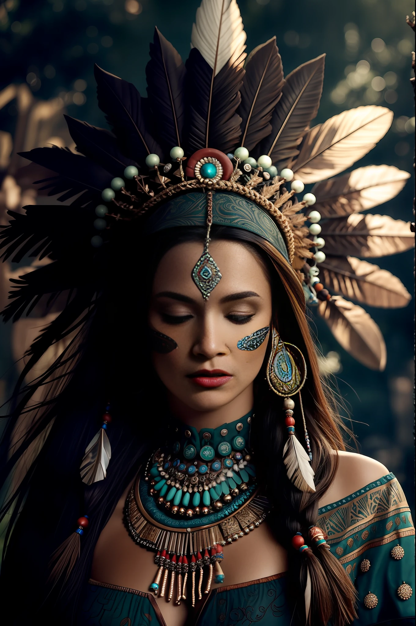 (full portrait), (half shot), solo, detailed background, detailed face, (stonepunkAI, stone theme:1.1), wise, (female), (native american), (beautiful hair, braids:0.2), shaman, septum piercing, mystical, (gorgeous face), stunning, head tilted upwards, (eyes closed, serene expression), calm, meditating, Seafoam Green frayed clothes, prayer beads, tribal jewelry, feathers in hair, headdress:0.33, jade, obsidian, detailed clothing, cleavage, realistic skin texture, (floating particles, water swirling, embers, ritual, whirlwind, wind:1.2), sharp focus, volumetric lighting, good highlights, good shading, subsurface scattering, intricate, highly detailed, ((cinematic)), dramatic, (highest quality, award winning, masterpiece:1.5), (photorealistic:1.5), (intricate symmetrical warpaint:0.5),