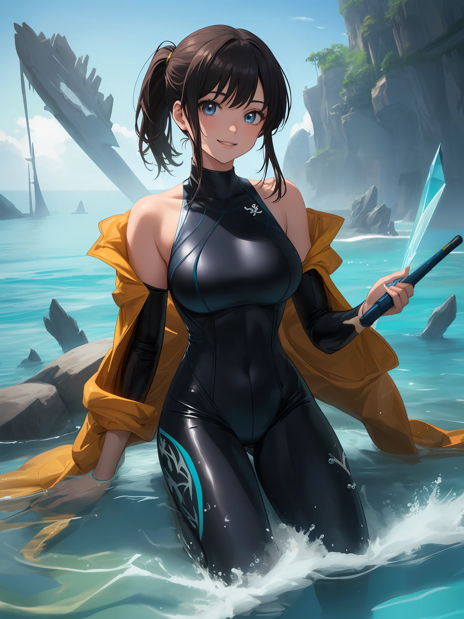 ((fantasy style:1.4)),(anime,8k,masterpiece, top quality, best quality,beautiful and aesthetic:1.2,professional illustrasion:1.1,ultra detail:1.3,perfect lighting),extremely detailed,highest detailed, absurdres , highres, ultra detailed,intricate:1.6,A girl swimming in the crystal clear sea,colorful:1.4,full body,(girl),(Three kingdoms female warload),(highly detailed beautiful face and eyes,firm breasts),oily skin,((black,hair,short bob with short pony tail hair)),cute,lovely,swim suit,body suit,Full body rubber suit,snorkeling,smile